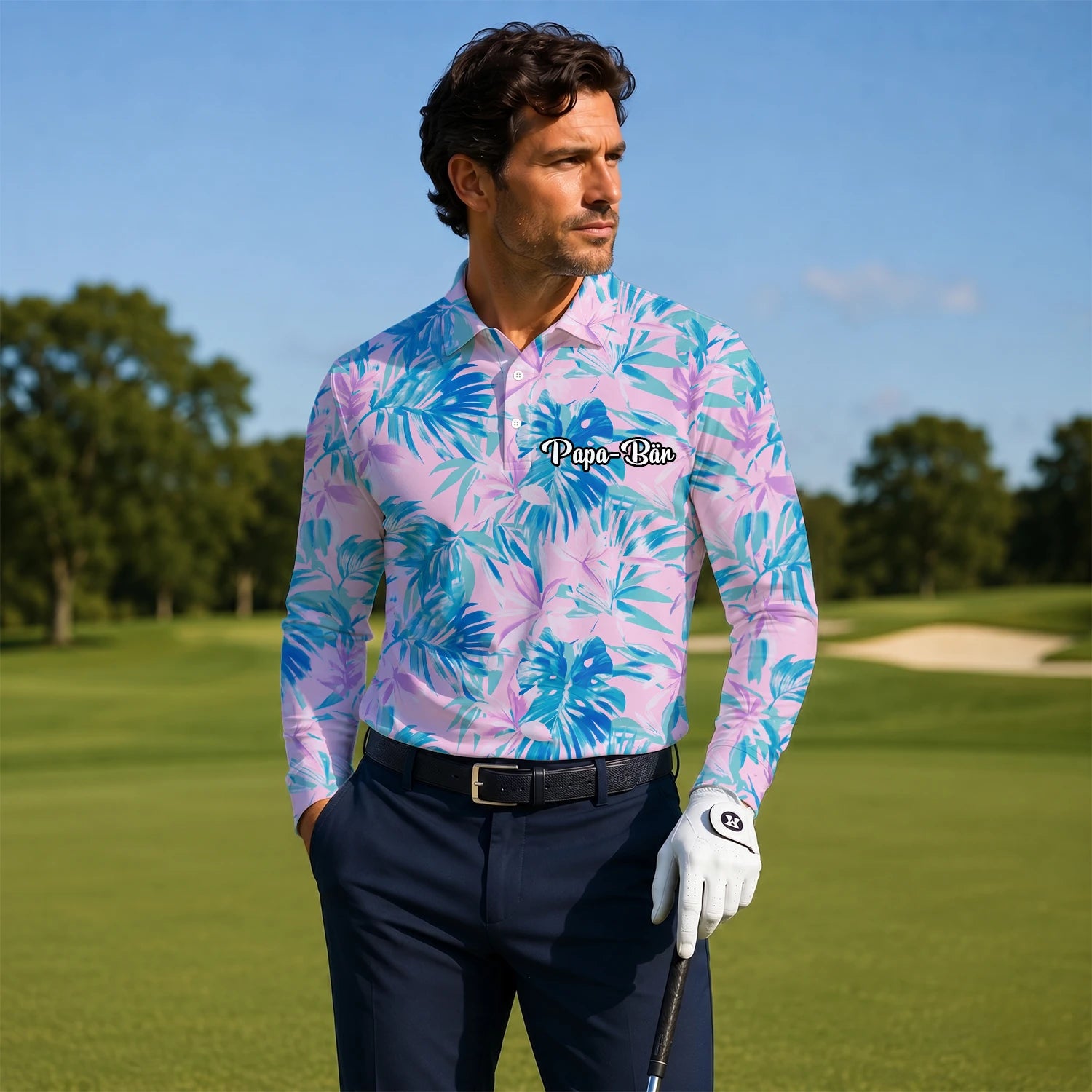 Personalised Pink Blue Tropical Leaf Golf Polo Shirt For Men K0497