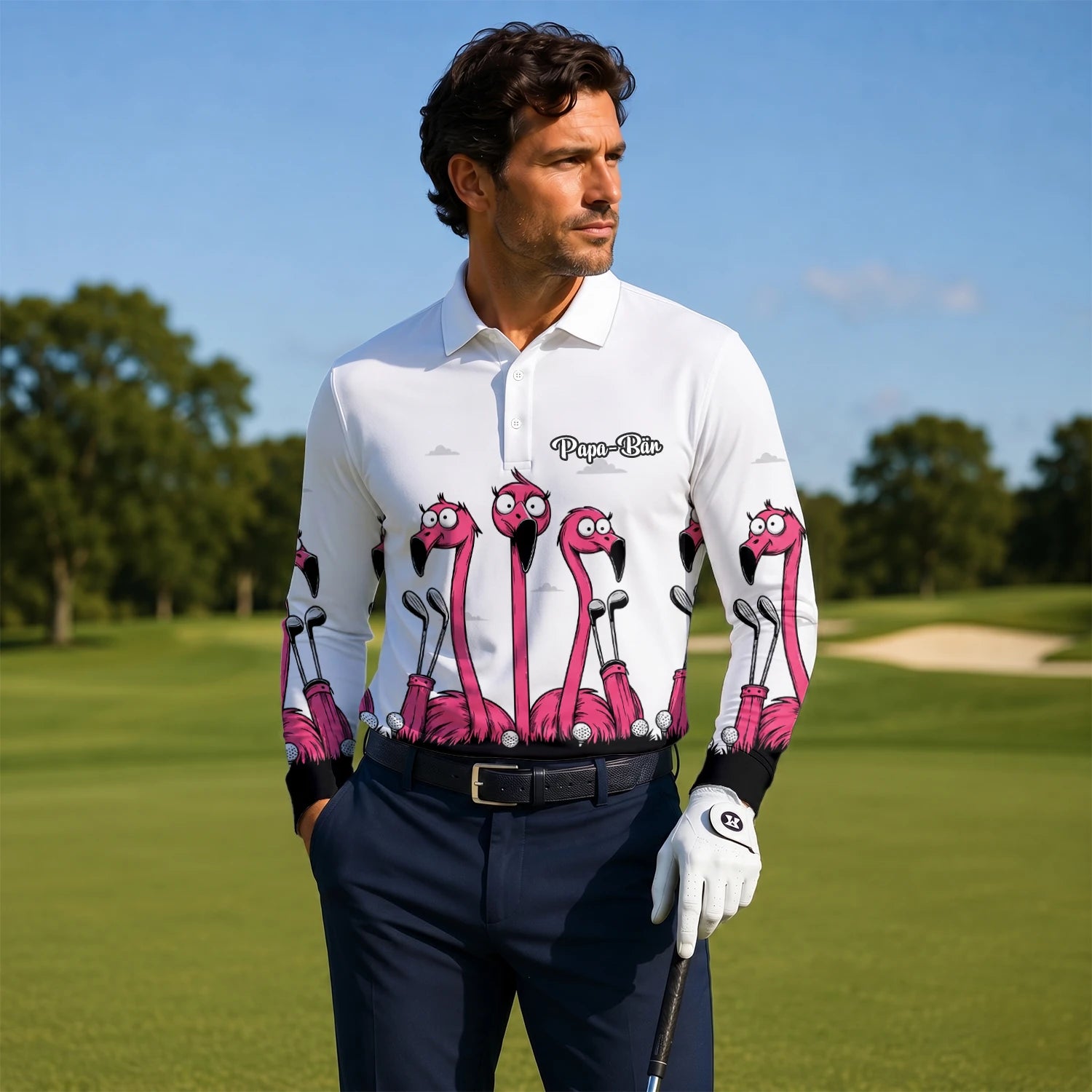 Personalised White Pink Flamingo Cartoon Golf Polo Shirt For Men I6113