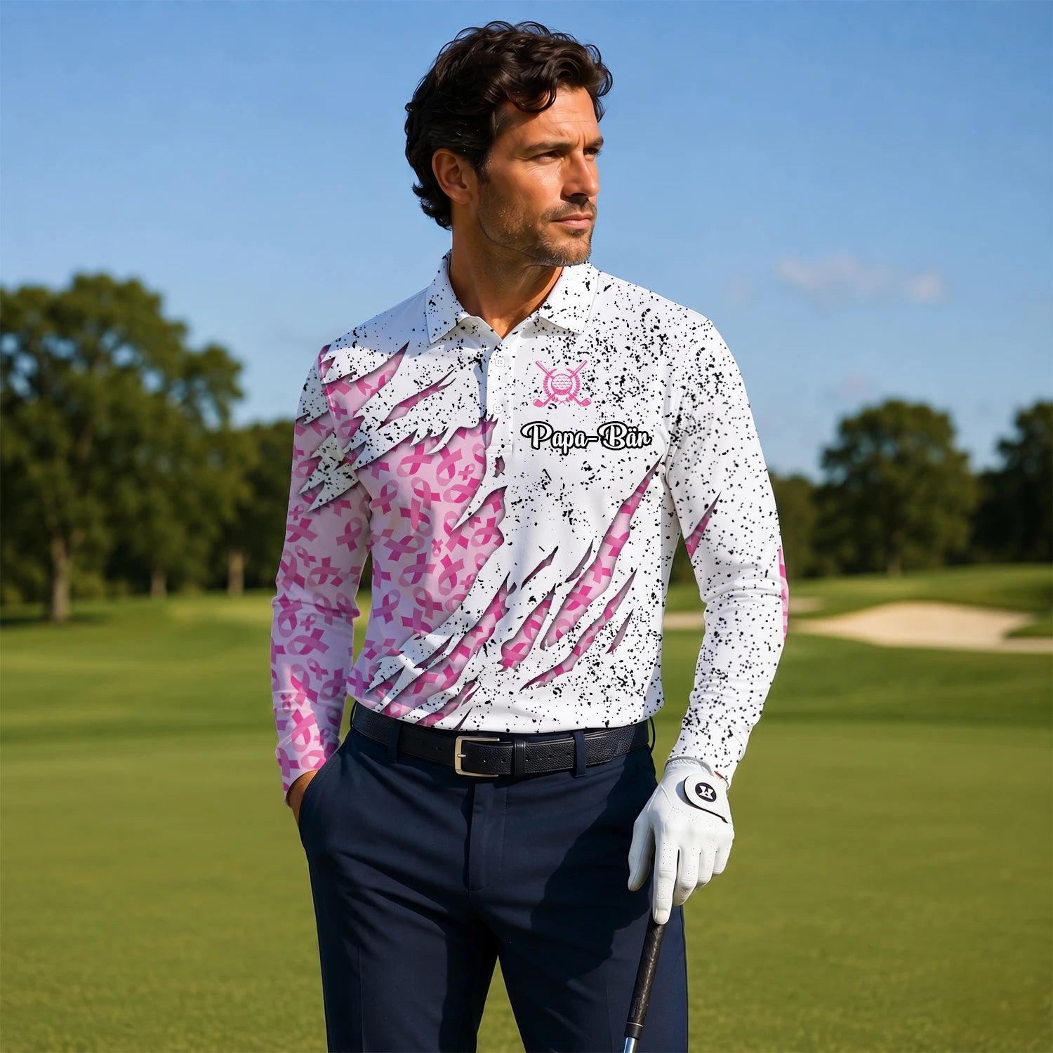 Personalised White Pink Breast Cancer Ribbon Torn Golf Polo Shirt For Men B7190