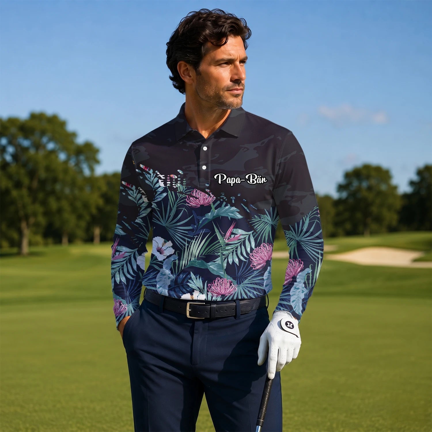 Personalised Navy Tropical Floral Leaf Golf Polo Shirt For Men N4110