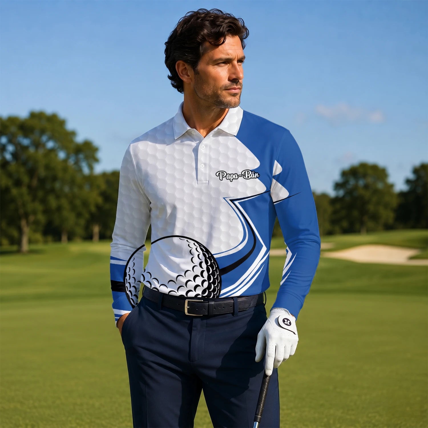 Personalised White Blue Golf Ball Hexagon Golf Polo Shirt For Men S7973