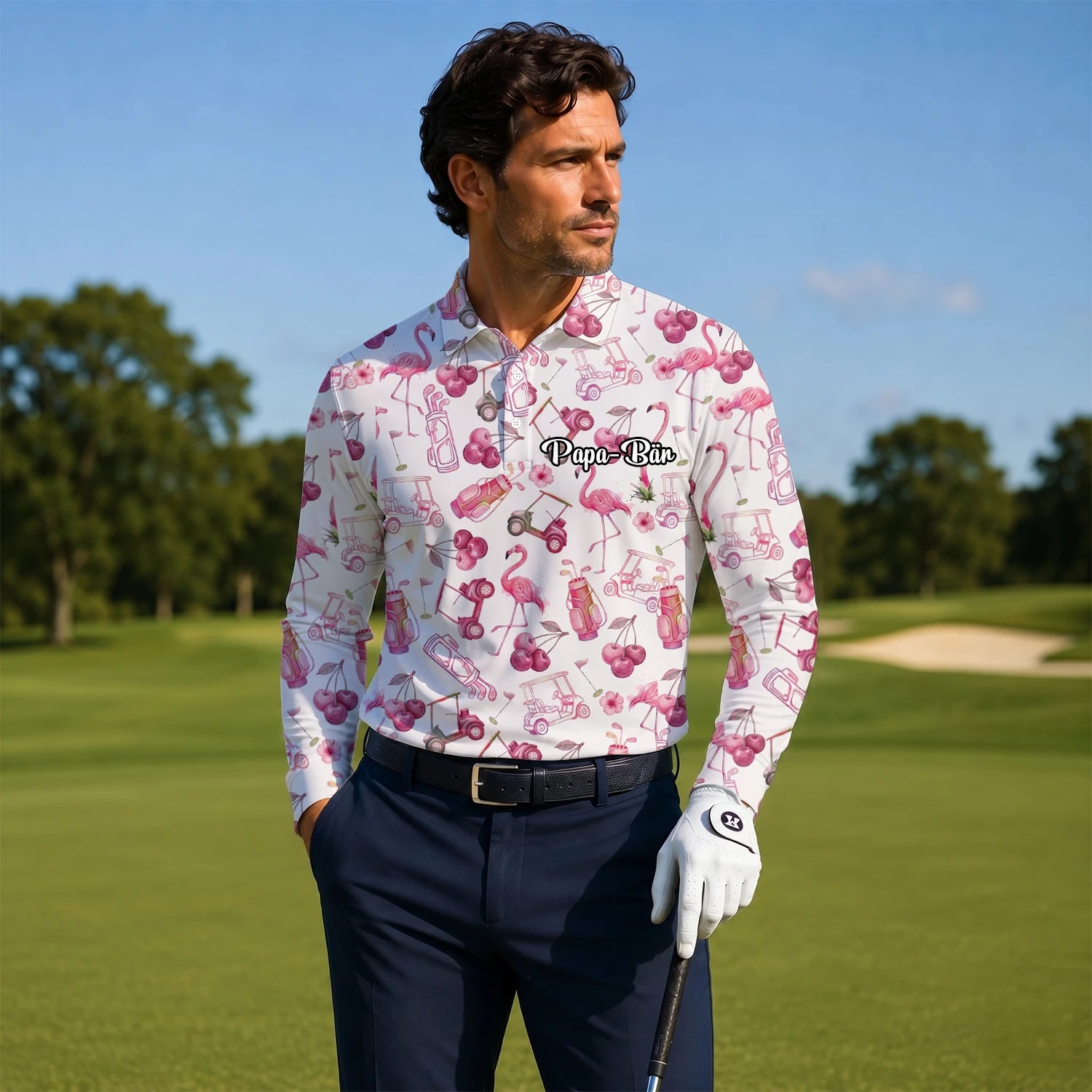 Personalised Cream Pink Flamingo Golf Cart Cocktail Golf Polo Shirt For Men T9296
