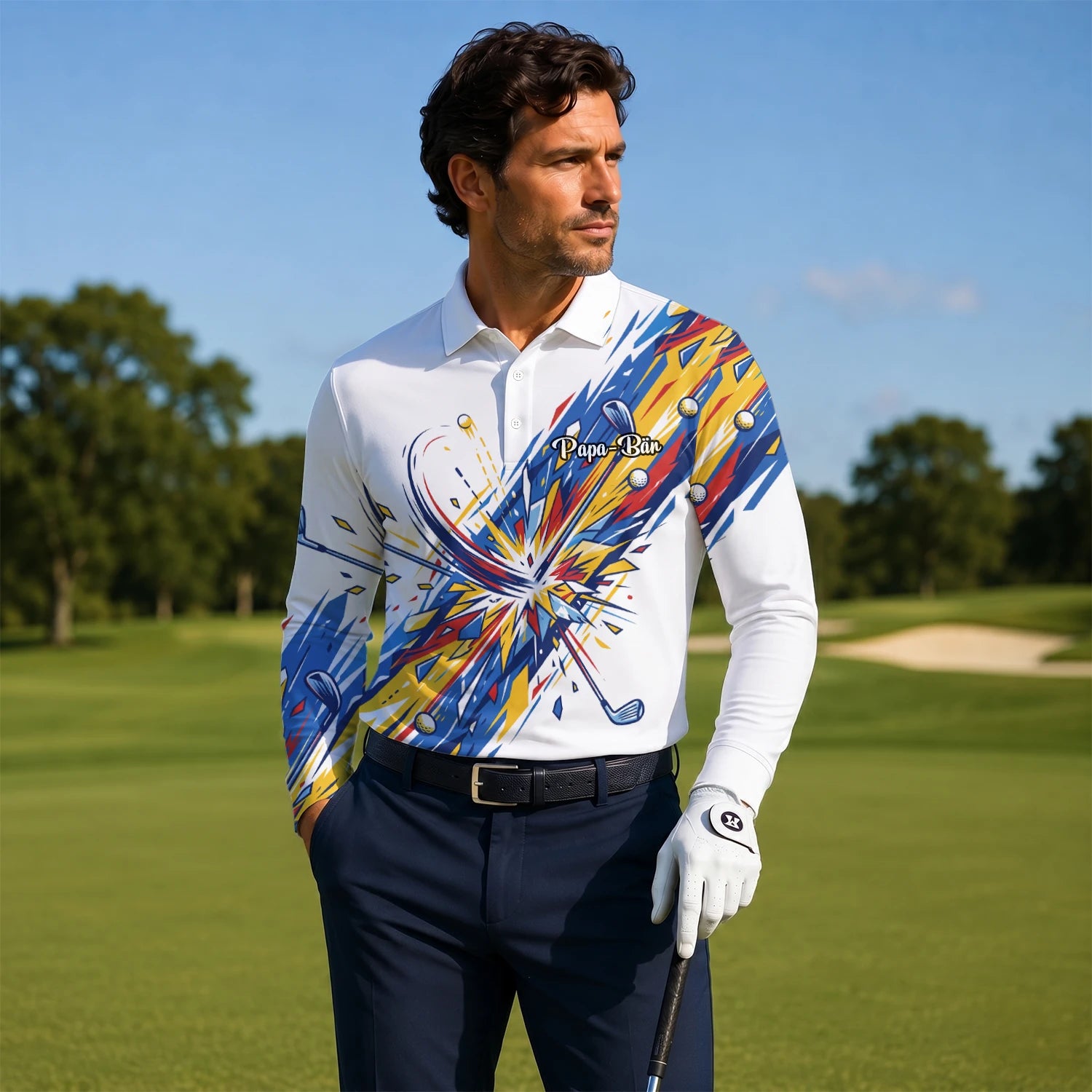 Personalised White Blue Abstract Golf Swing Burst Golf Polo Shirt For Men B2869