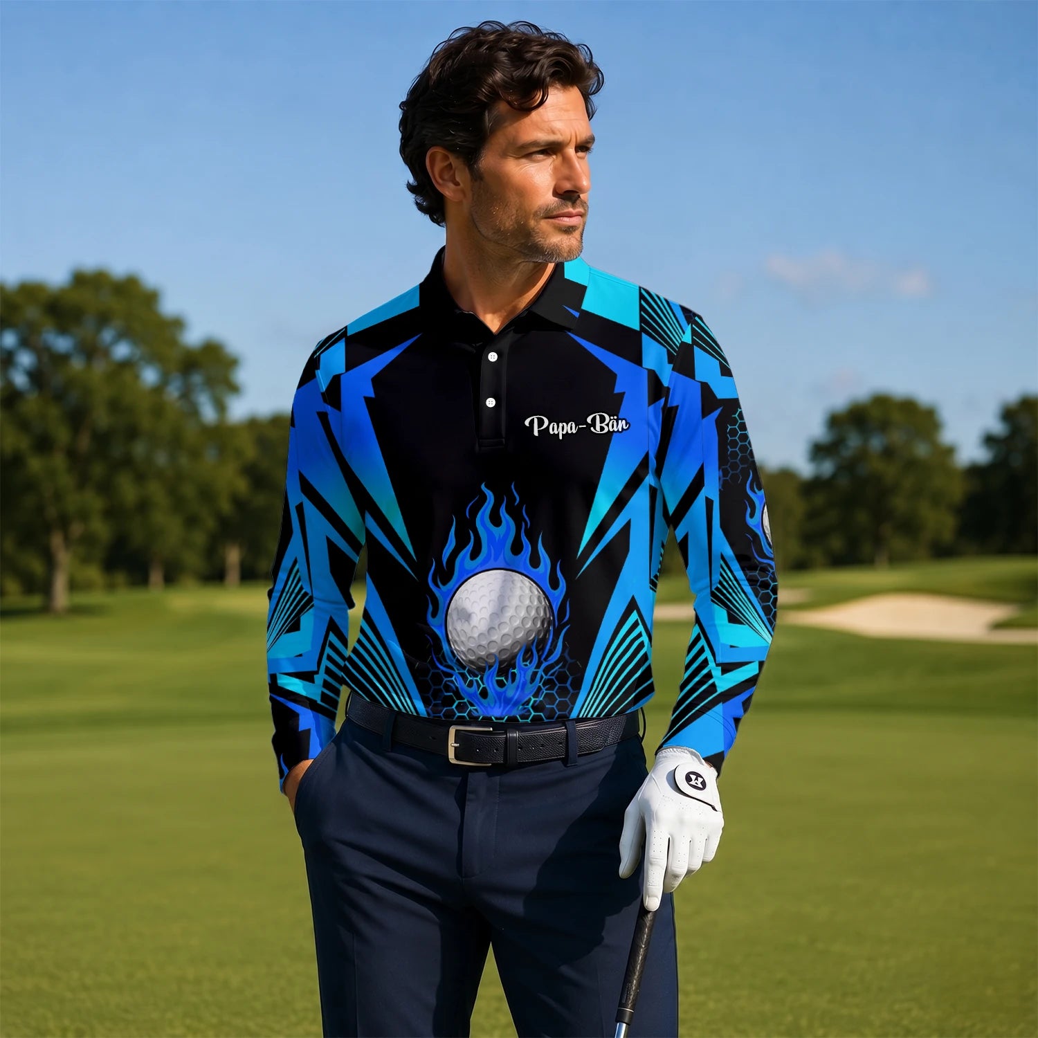 Personalised Black Blue Flaming Golf Ball Golf Polo Shirt For Men Y8576