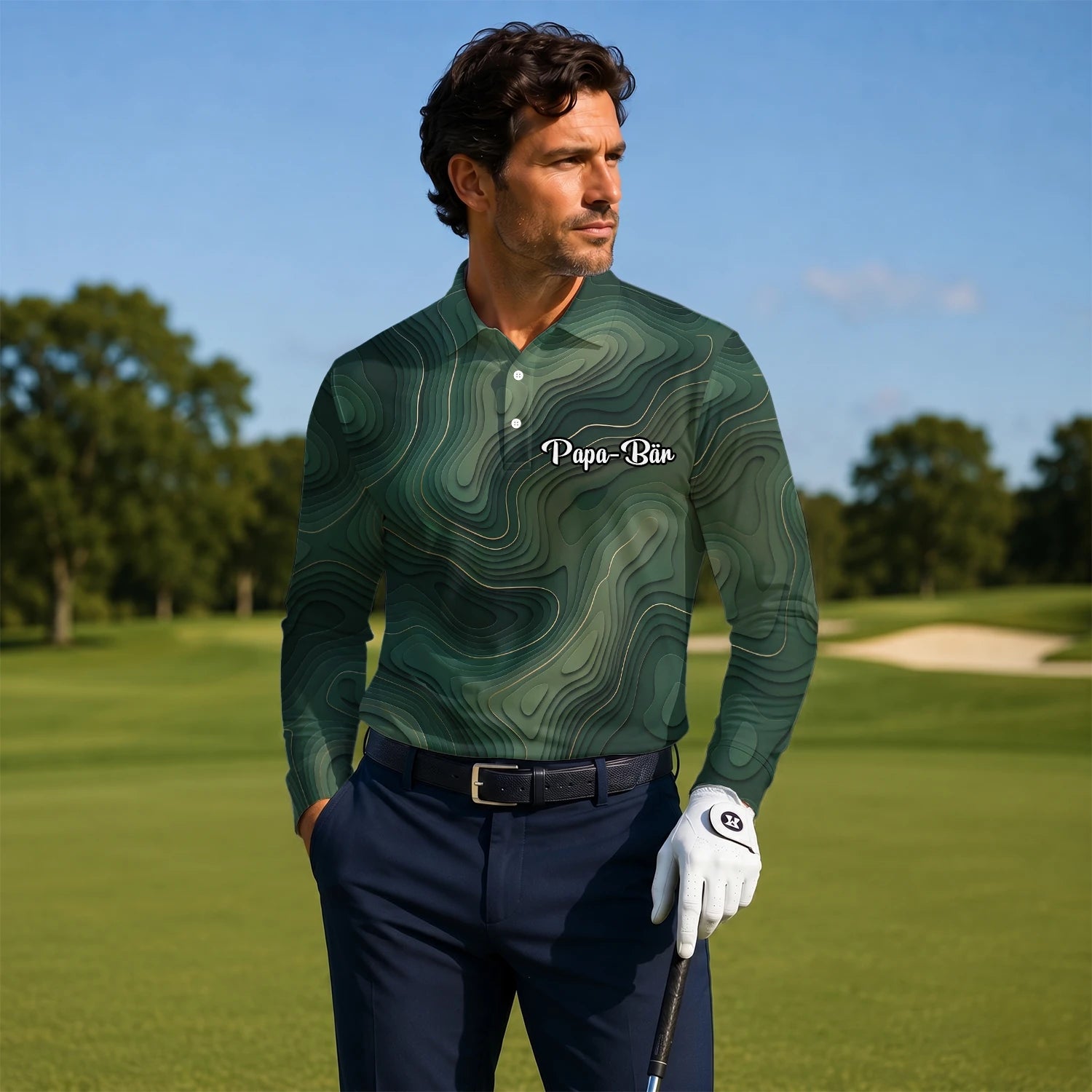 Personalised Green Topographic Contour Line Golf Polo Shirt For Men H2497