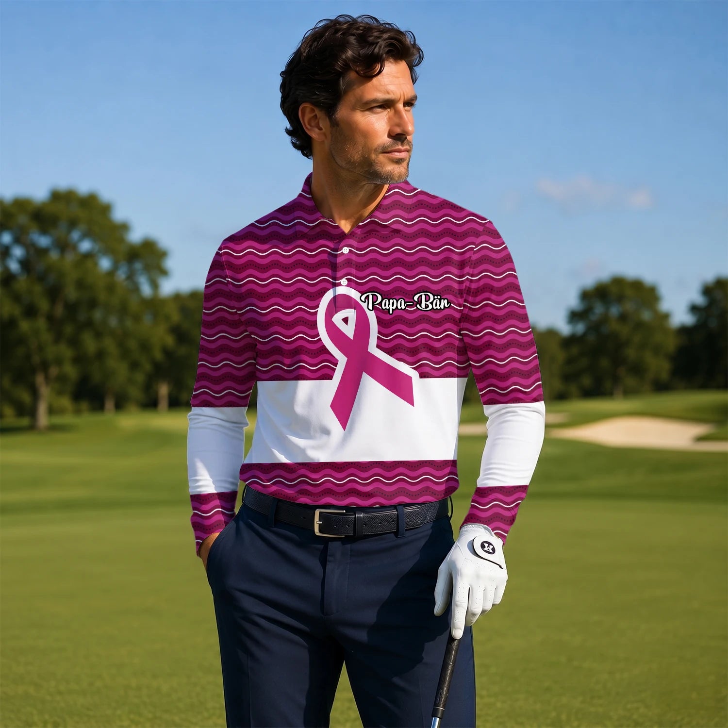 Personalised Pink Breast Cancer Awareness Ribbon Wave Golf Polo Shirt For Men B1640
