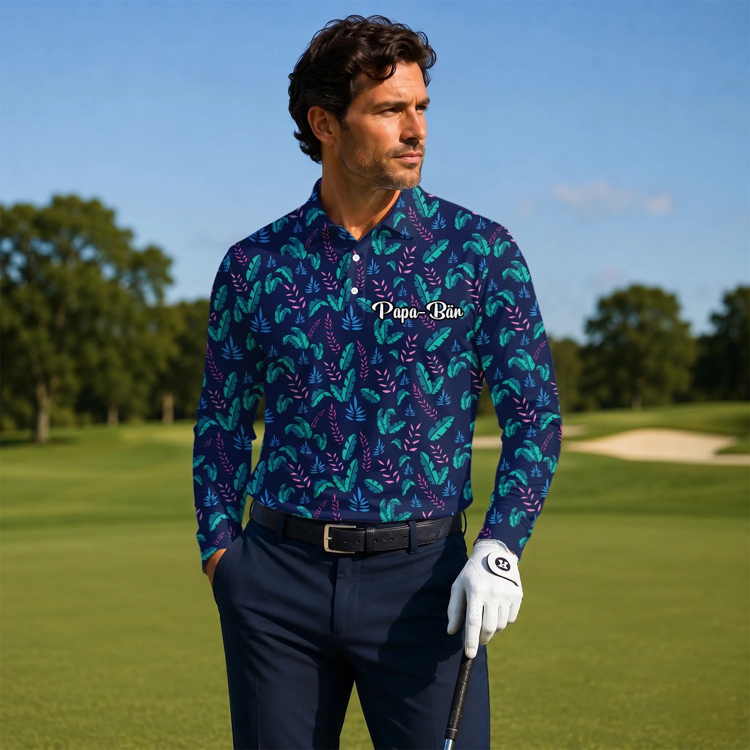Personalised Navy Teal Tropical Leaf Golf Polo Shirt For Men S8145