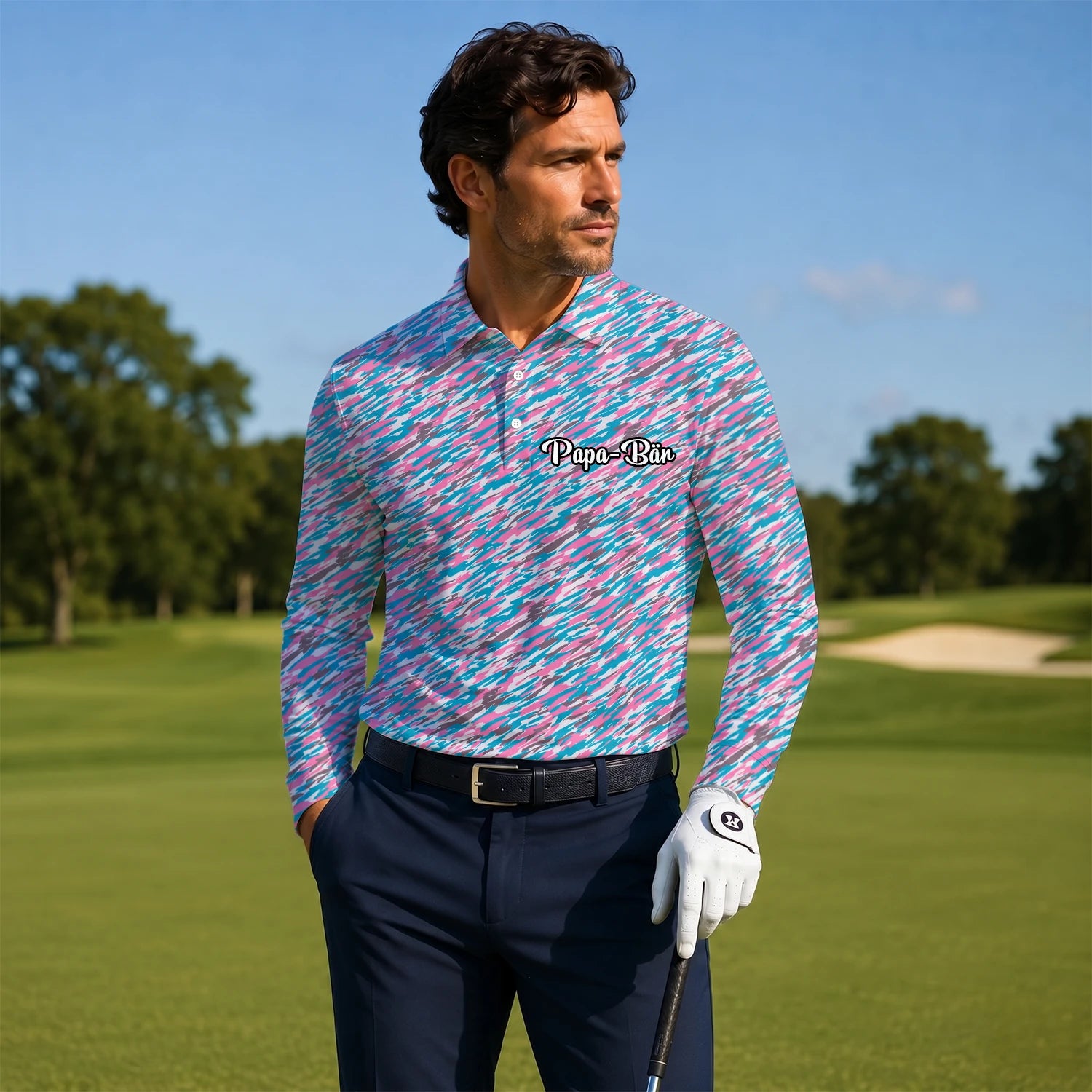Personalised Pink Teal Abstract Speckle Golf Polo Shirt For Men S1159