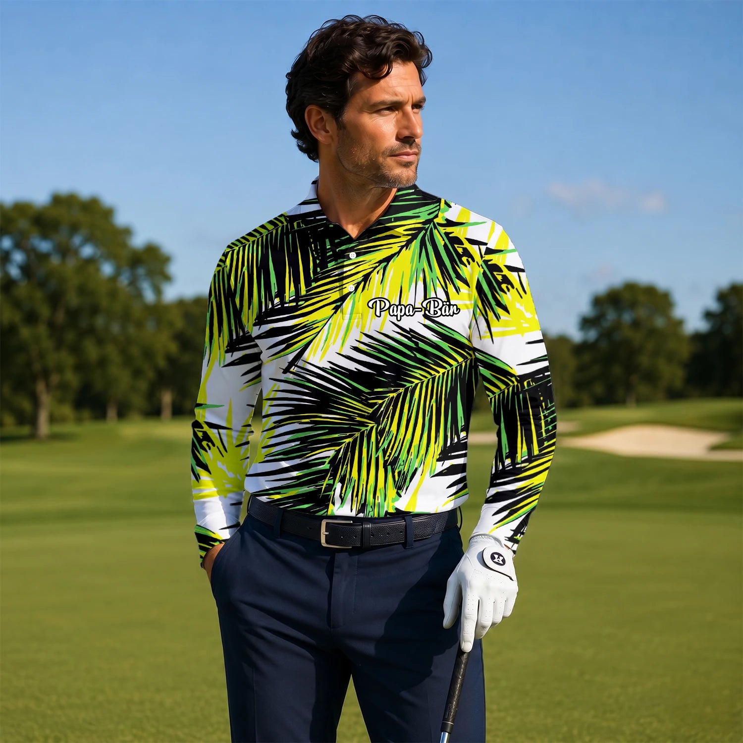 Personalised Black Lime Tropical Palm Leaf Golf Polo Shirt For Men R3070