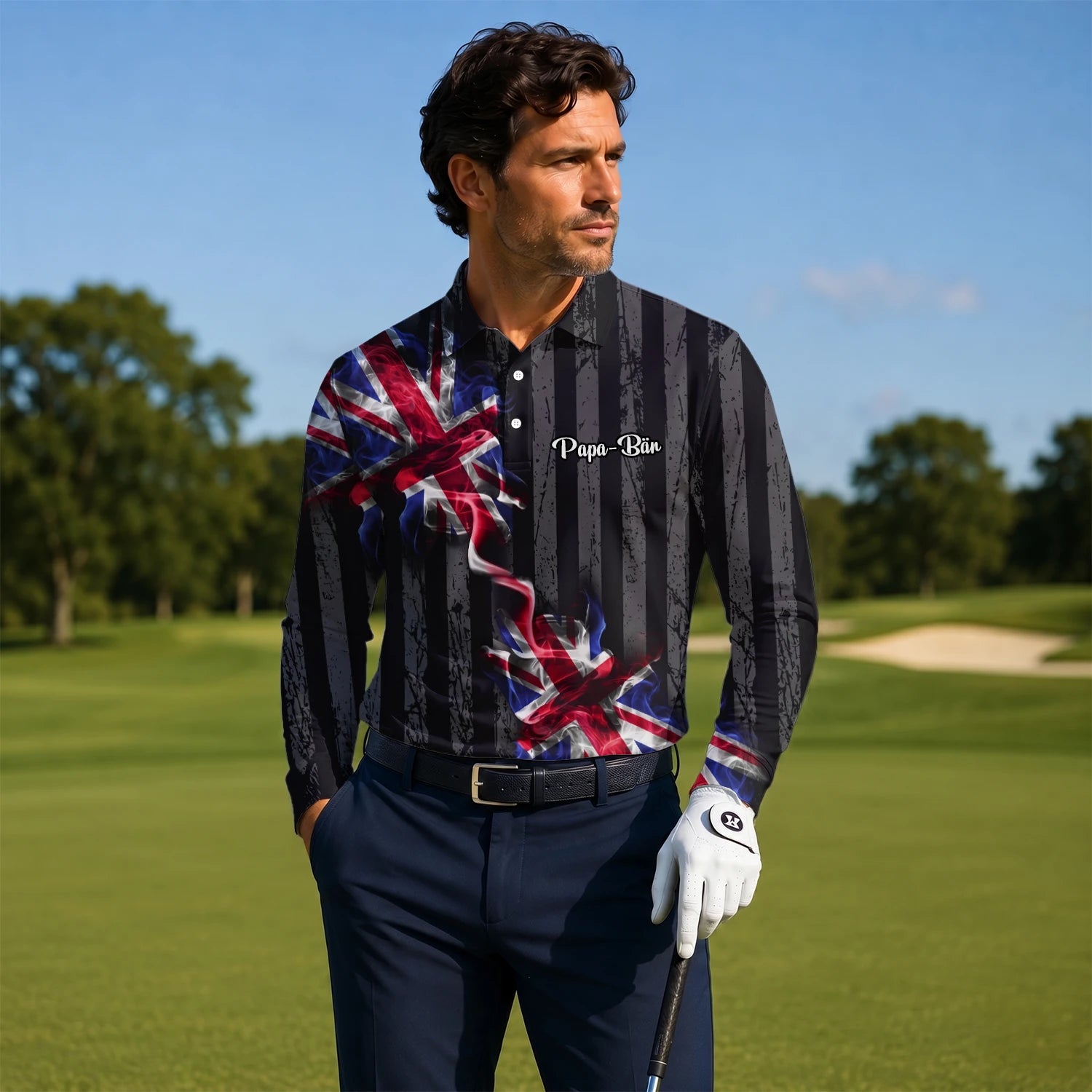 Personalised Black Union Jack Lightning Golf Polo Shirt For Men U9443
