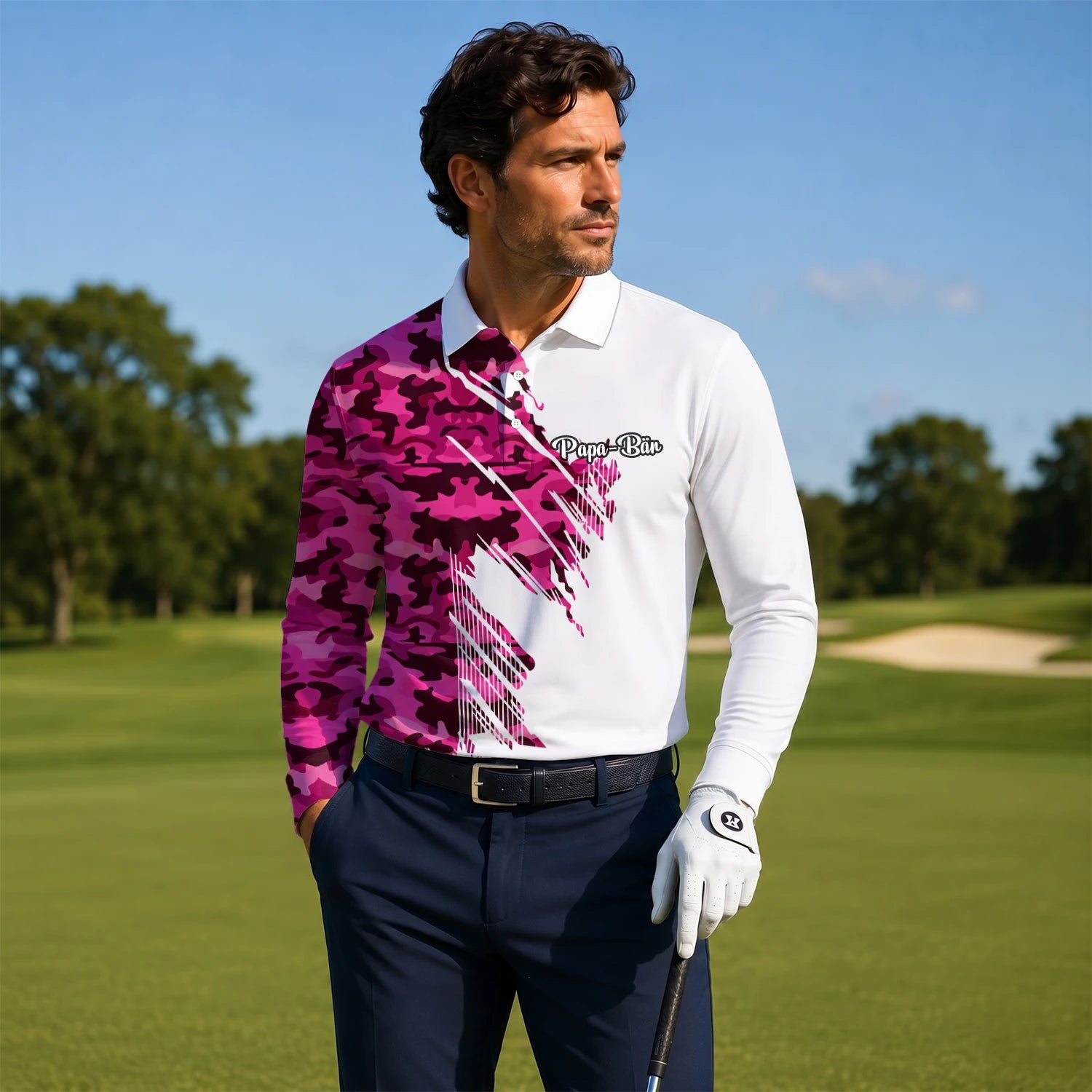 Personalised White Pink Camo Brush Stroke Golf Polo Shirt For Men S6501