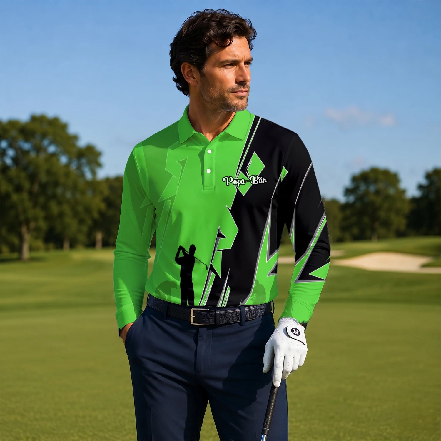 Personalised Lime Green Golfer Silhouette Lightning Golf Polo Shirt For Men V5316