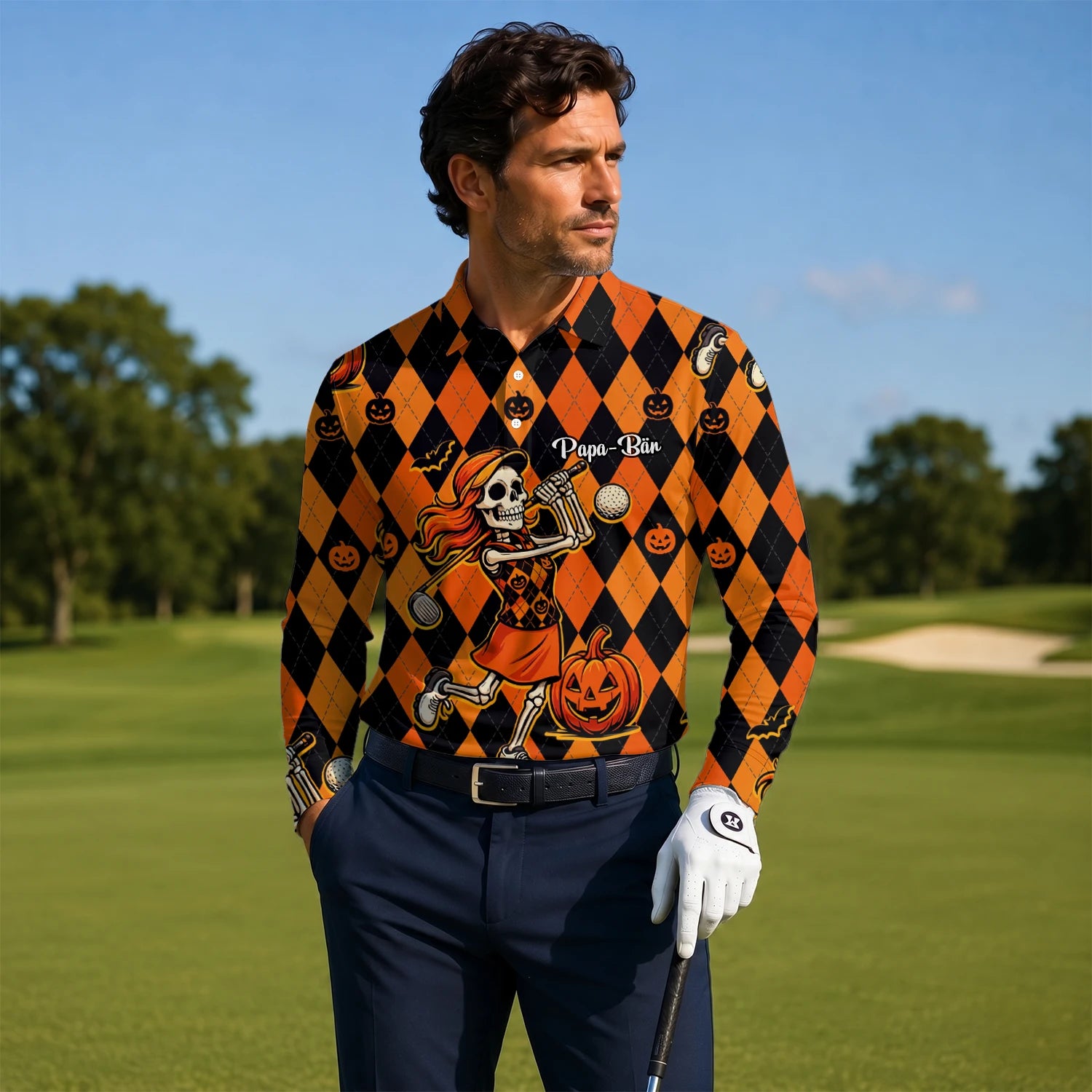 Personalised Orange Black Halloween Skeleton Golfer Pumpkin Argyle Golf Polo Shirt For Men Z9562