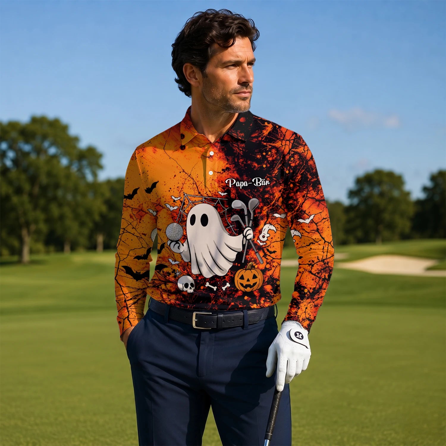 Personalised Orange Halloween Ghost Golfer Golf Polo Shirt For Men M0695