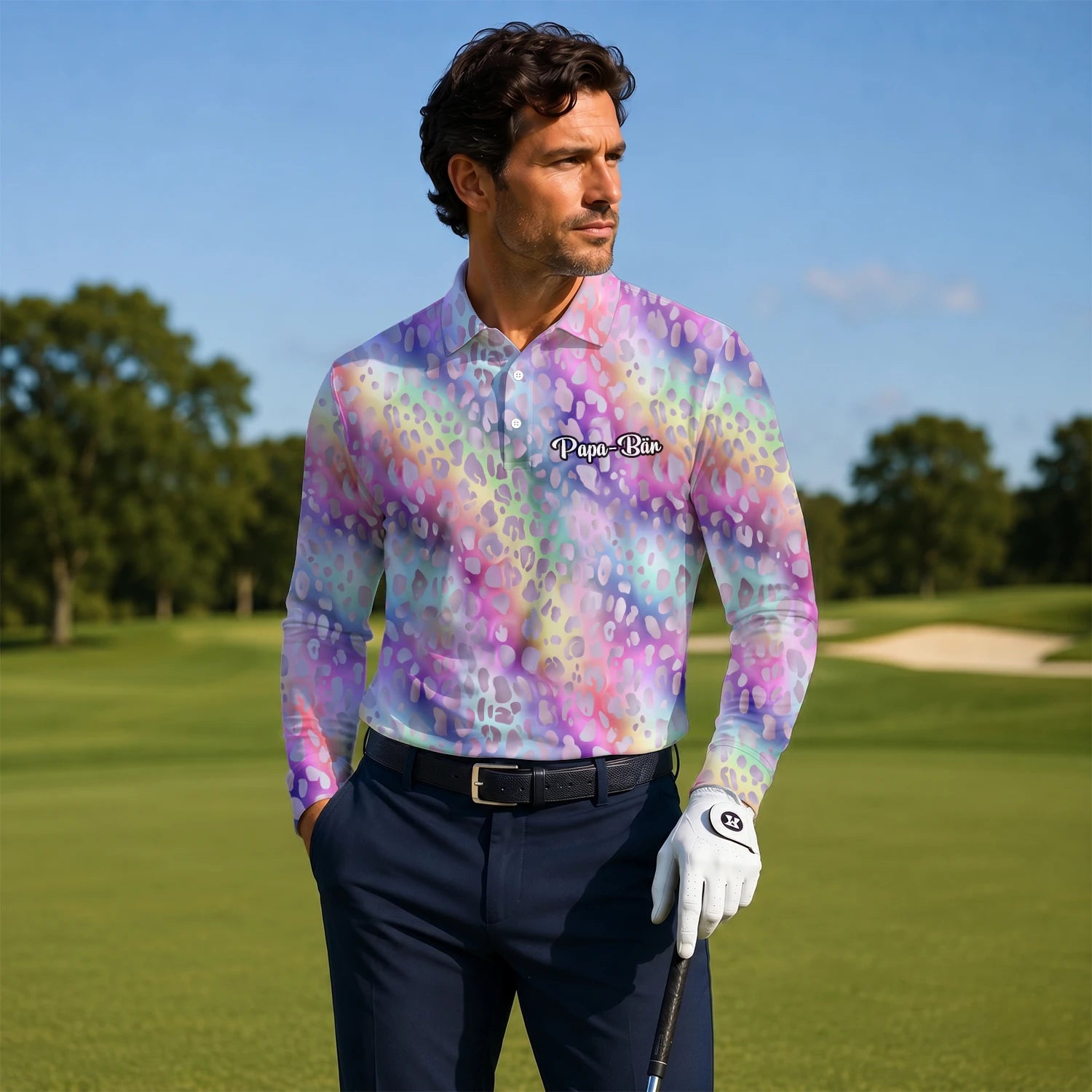 Personalised Pastel Rainbow Leopard Print Golf Polo Shirt For Men E5373