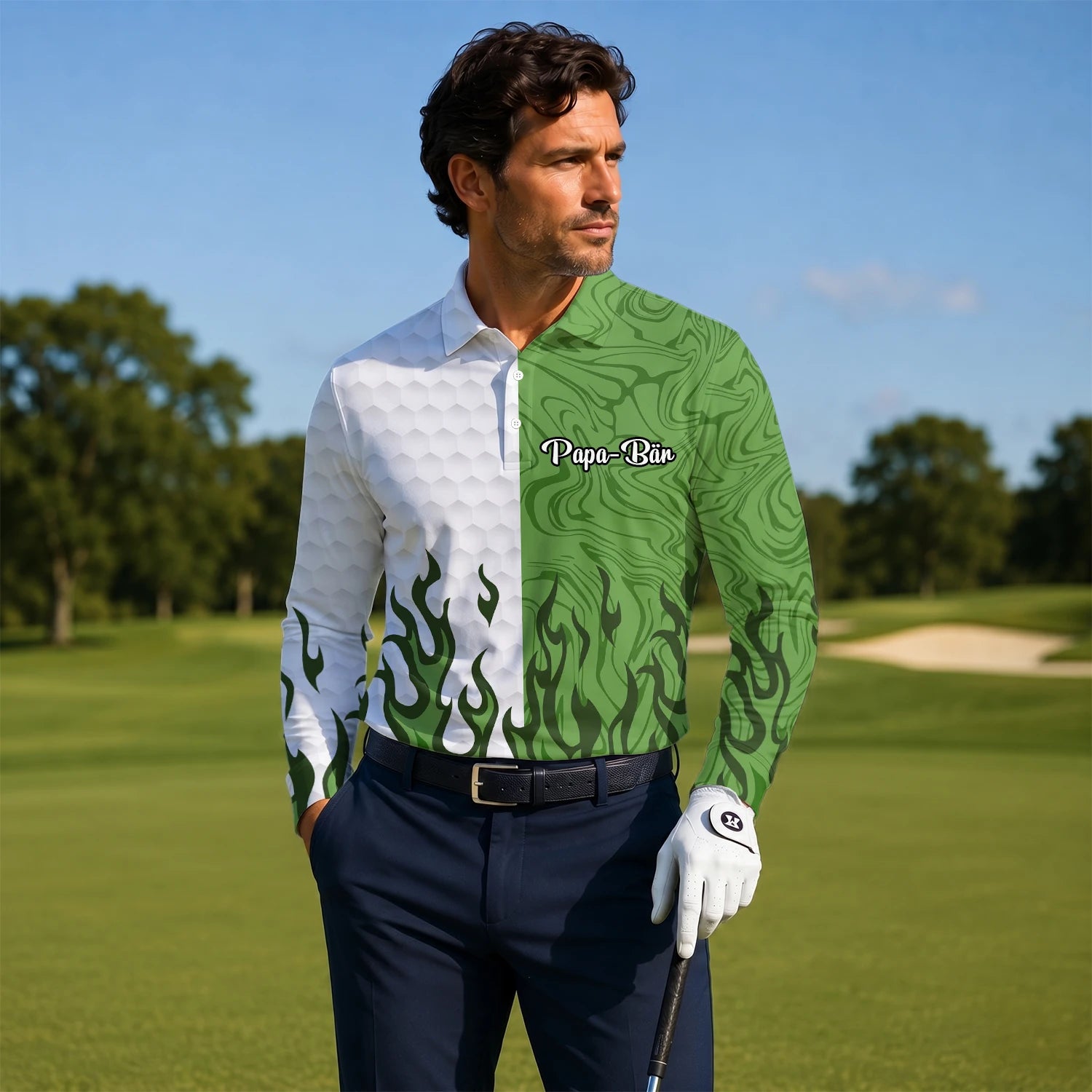 Personalised White Green Flame Marble Golf Polo Shirt For Men D2353