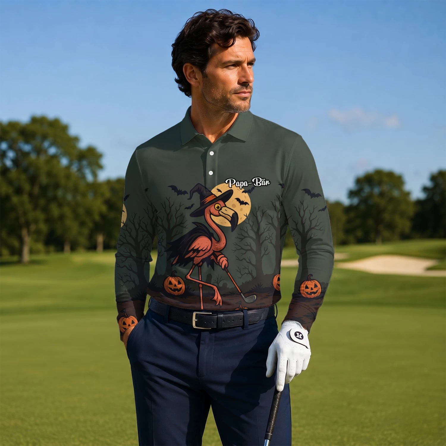 Personalised Olive Halloween Flamingo Witch Golfer Pumpkin Golf Polo Shirt For Men X5811
