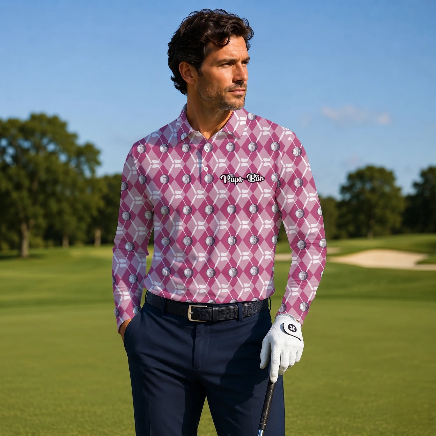 Personalised Pink Argyle Golf Ball Golf Polo Shirt For Men X0000