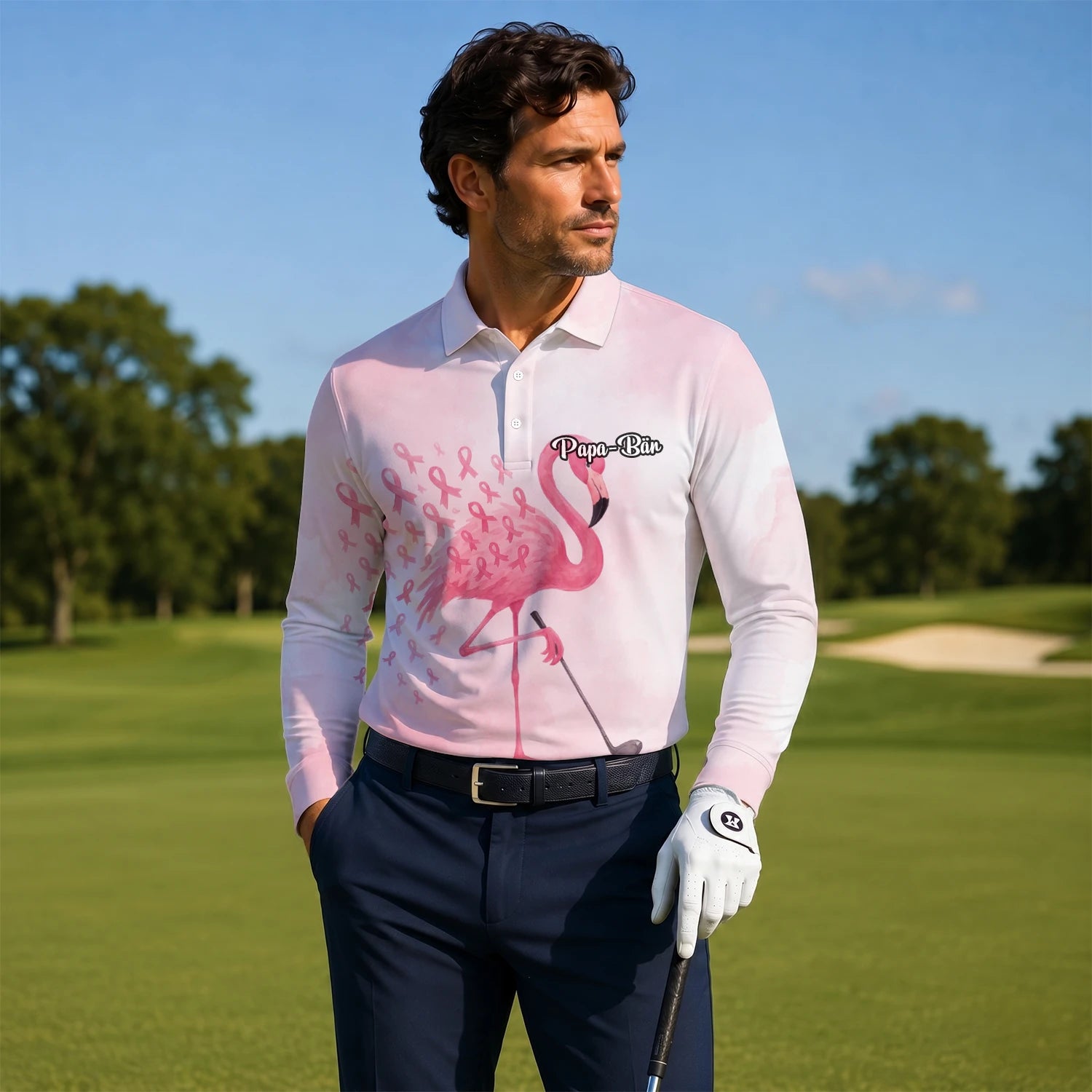 Personalised Pink Flamingo Golfer Breast Cancer Ribbon Golf Polo Shirt For Men R9354