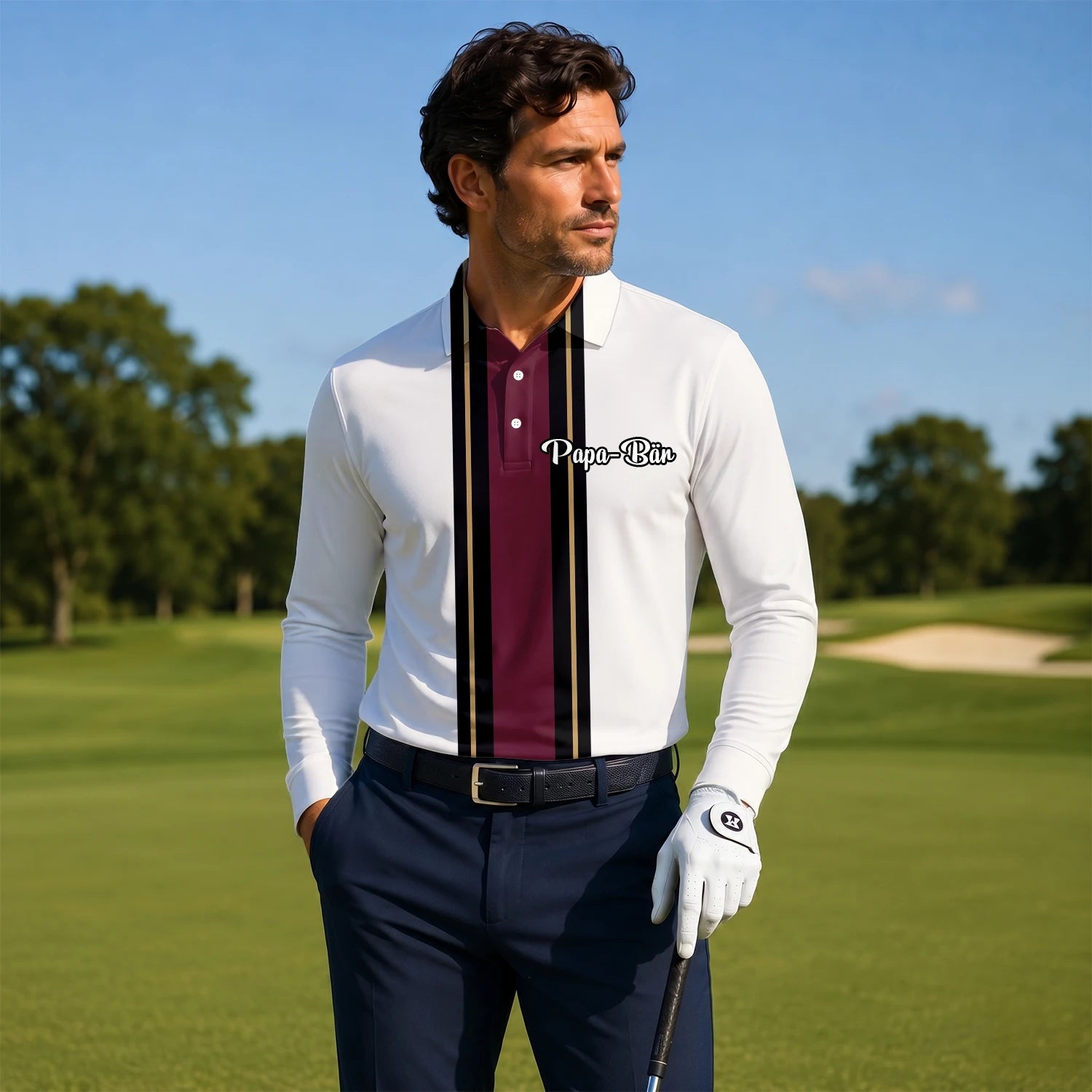 Personalised White Burgundy Black Racing Stripe Golf Polo Shirt For Men G7028
