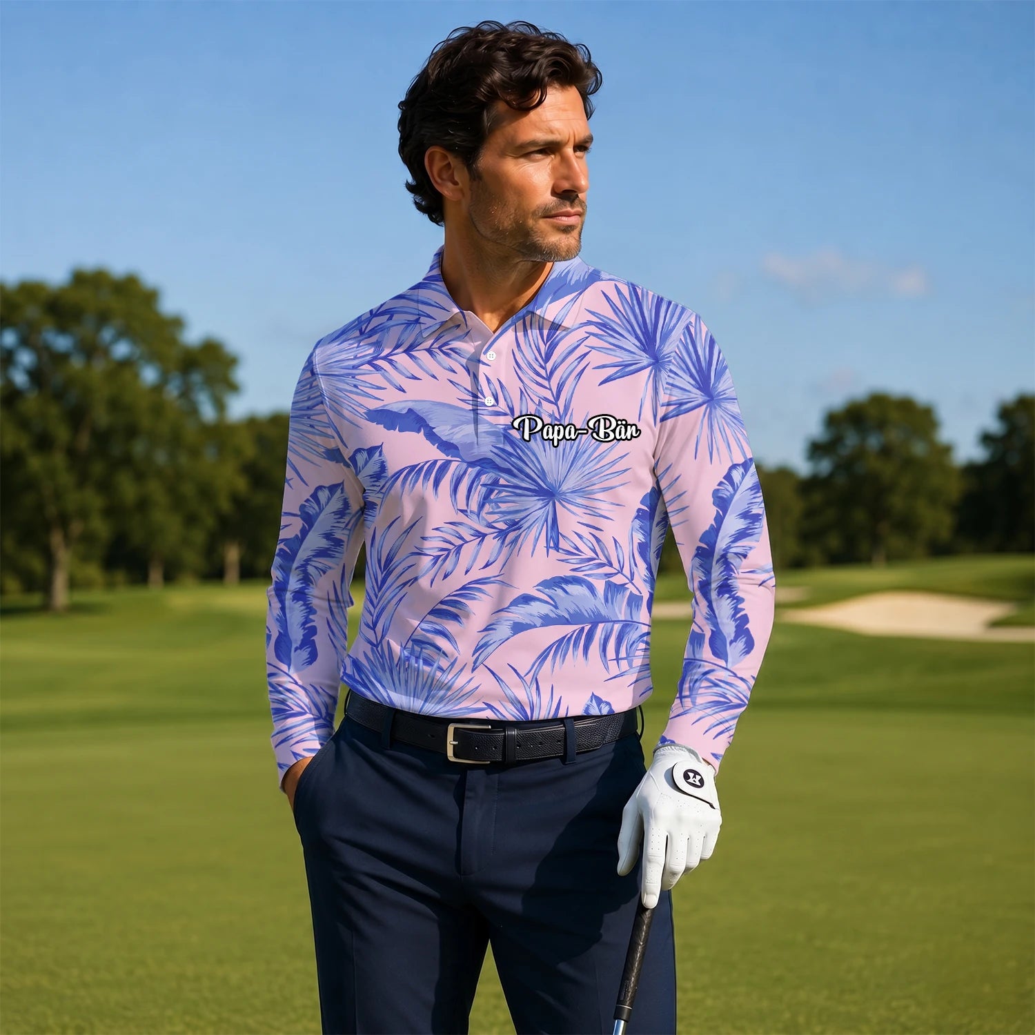 Personalised Pink Lavender Tropical Palm Leaf Golf Polo Shirt For Men M3354