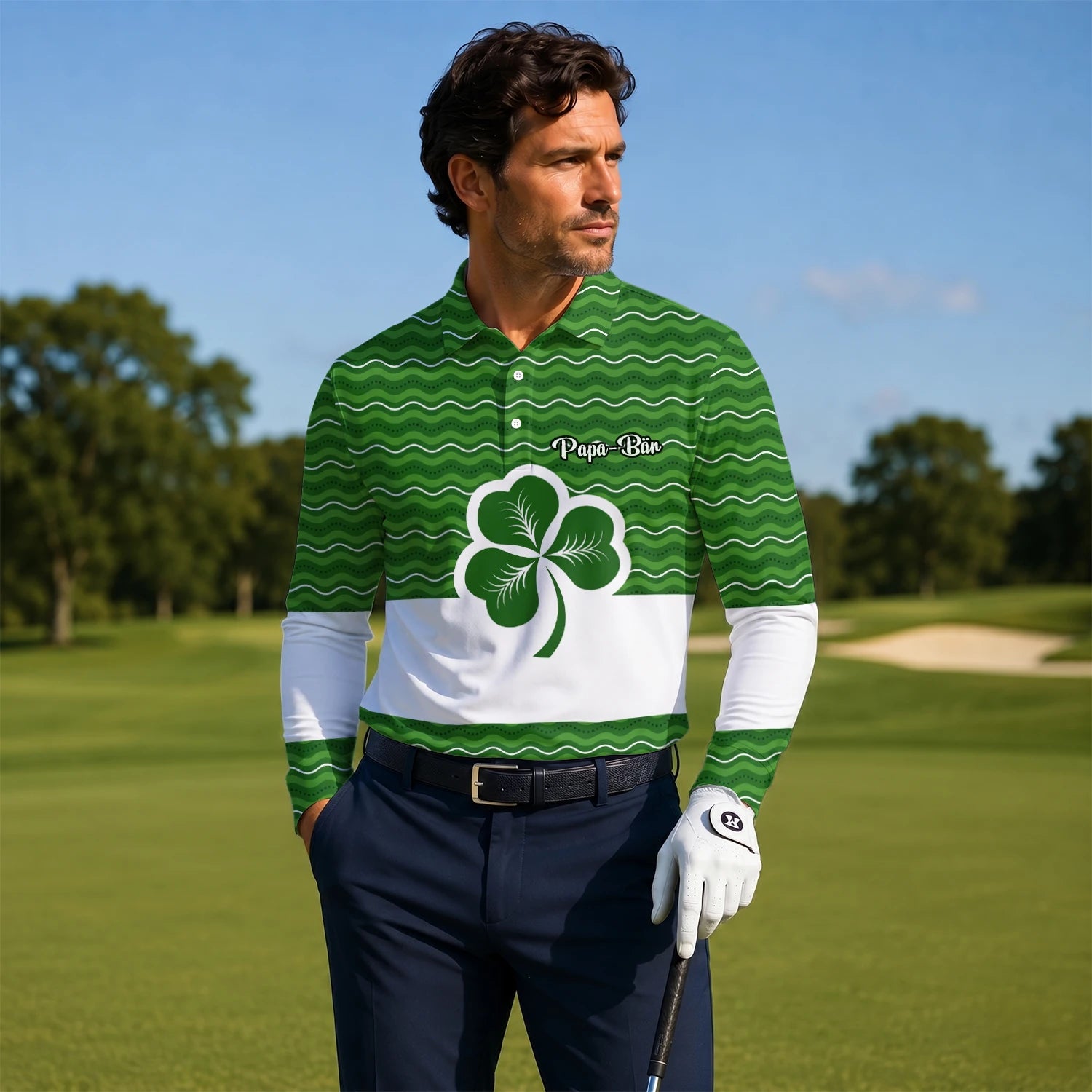 Personalised Green Shamrock Wave Golf Polo Shirt For Men I6128