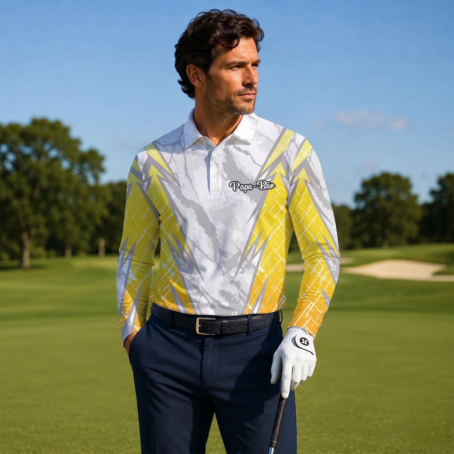 Personalised White Grey Yellow Marble Stripe Golf Polo Shirt For Men T6326