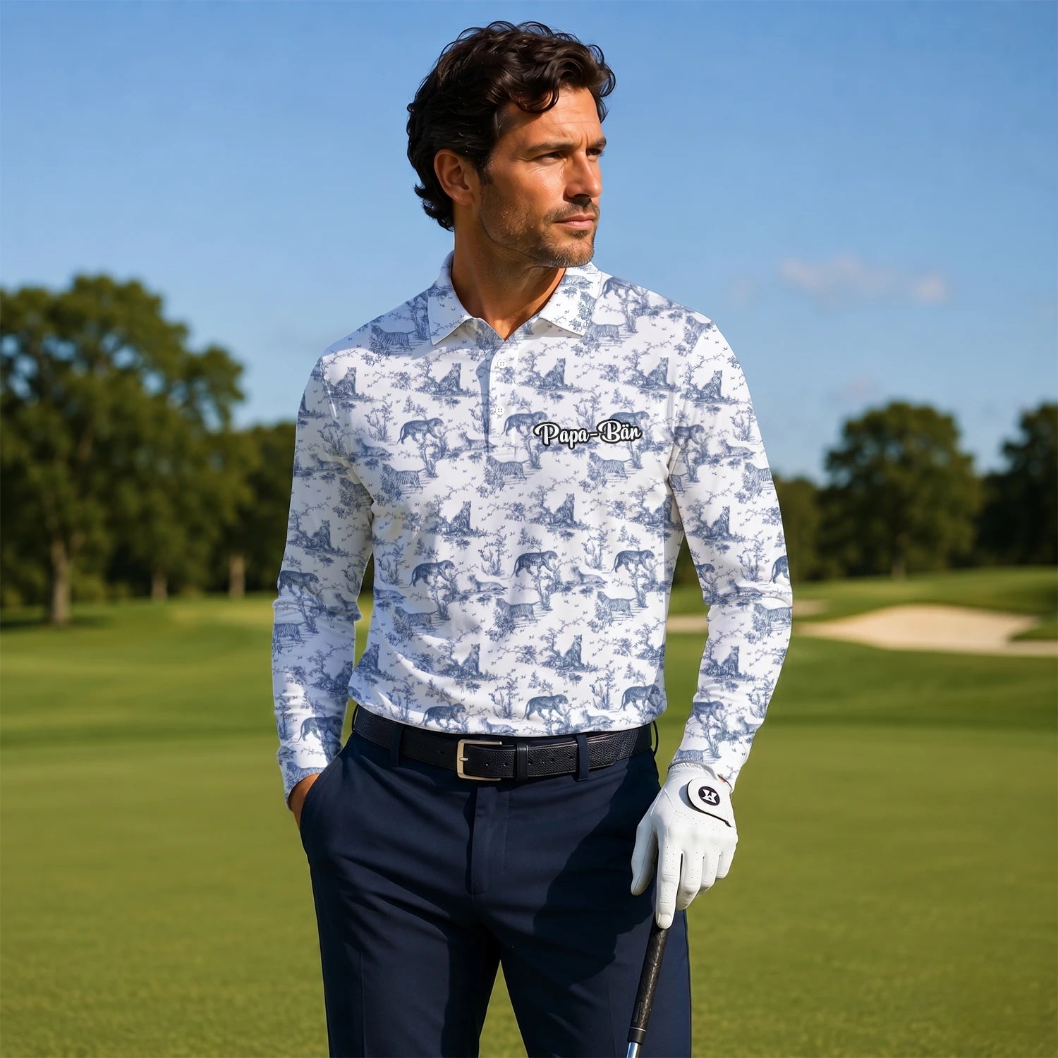 Personalised White Blue Dinosaur Toile Golf Polo Shirt For Men Q4771