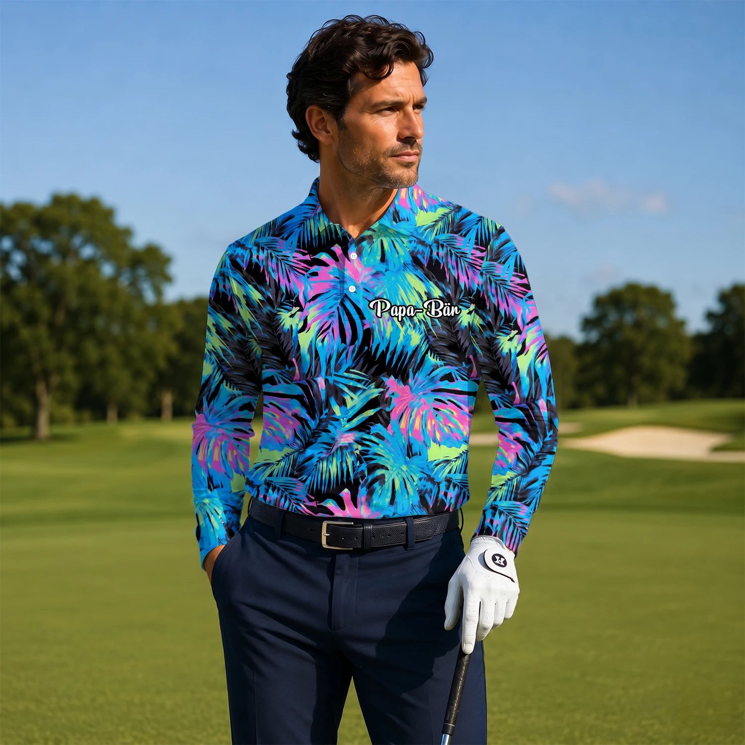Personalised Black Neon Tropical Leaf Golf Polo Shirt For Men D2207
