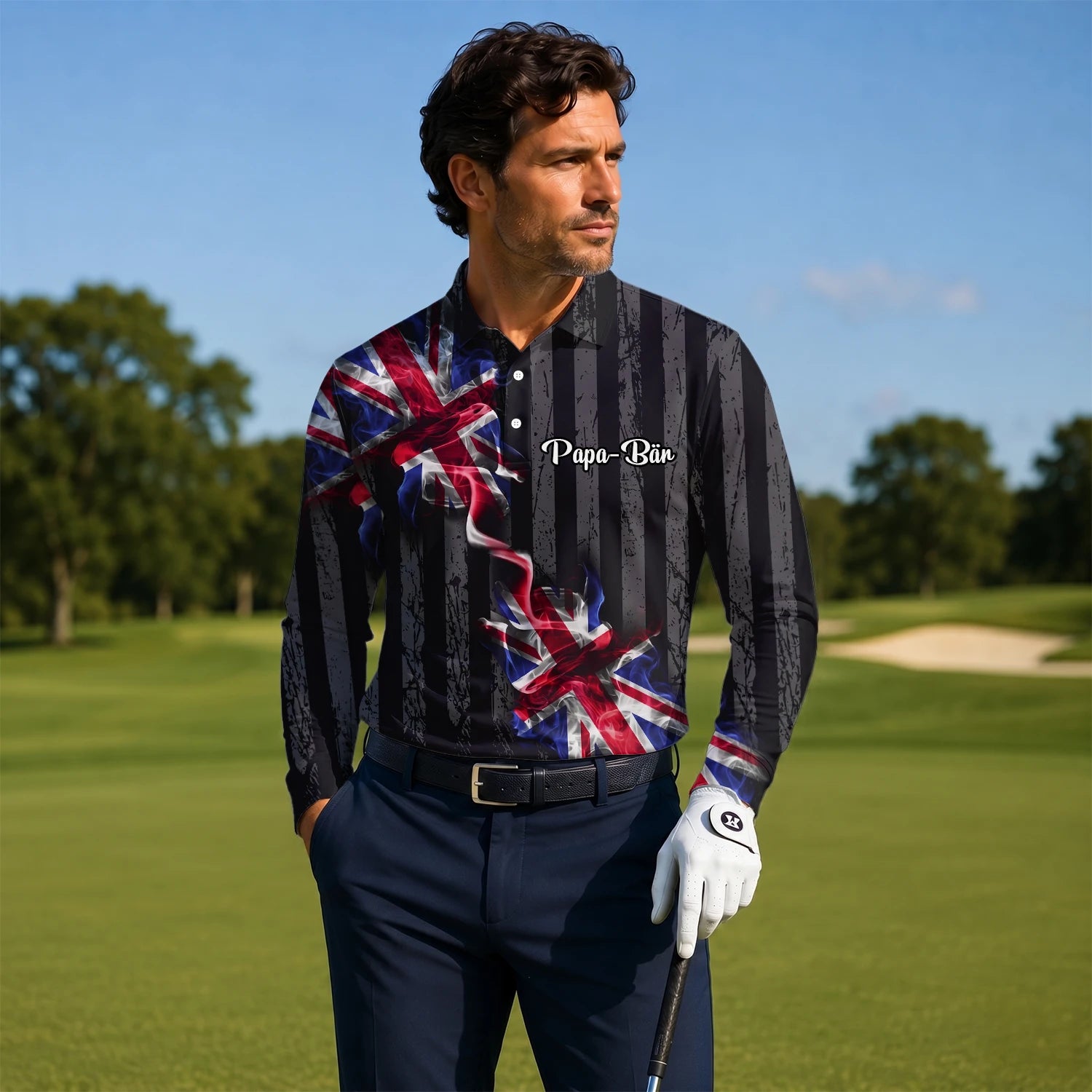 Personalised Black Union Jack Lightning Golf Polo Shirt For Men U9443