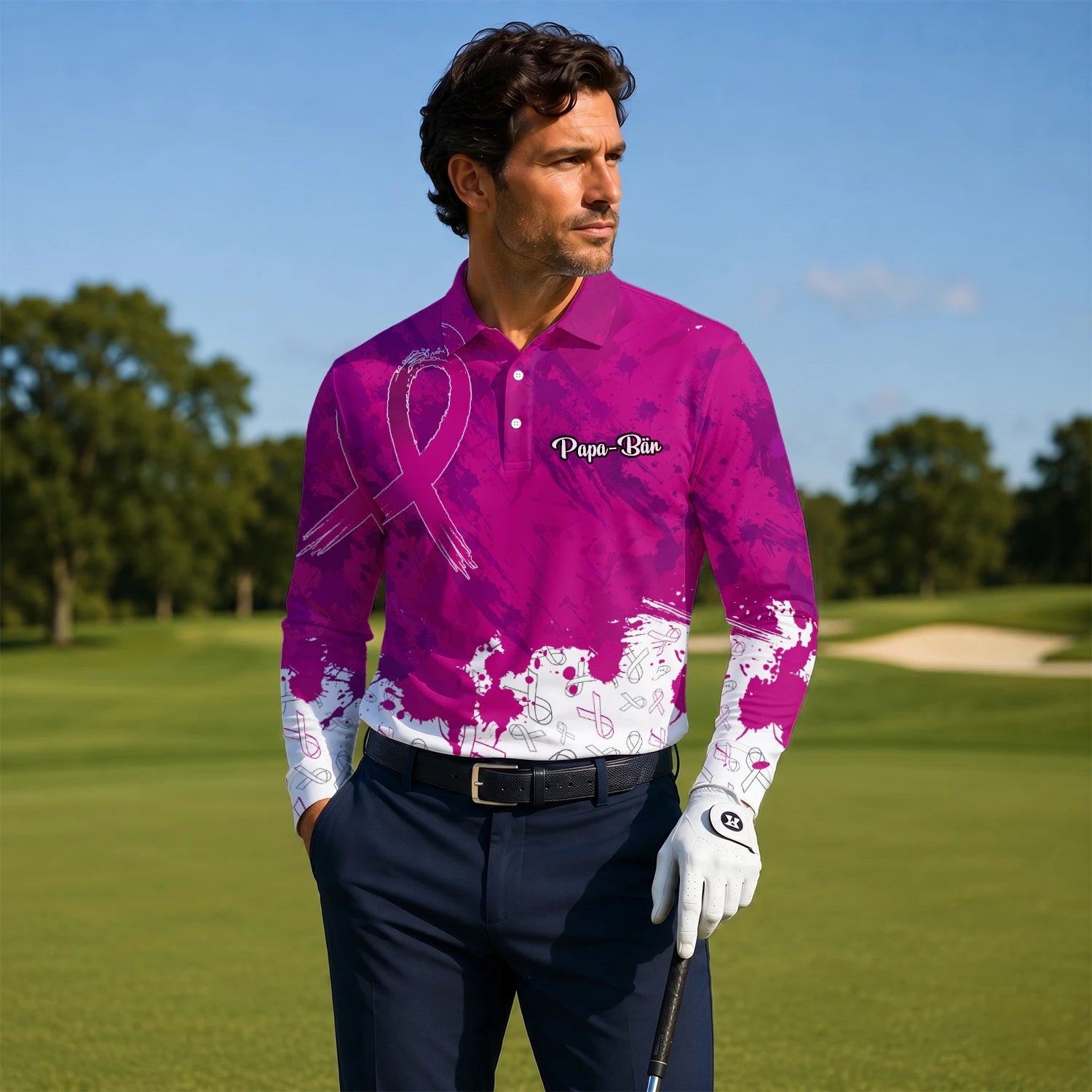Personalised Magenta Breast Cancer Awareness Ribbon Paint Splash Golf Polo Shirt For Men Q5636