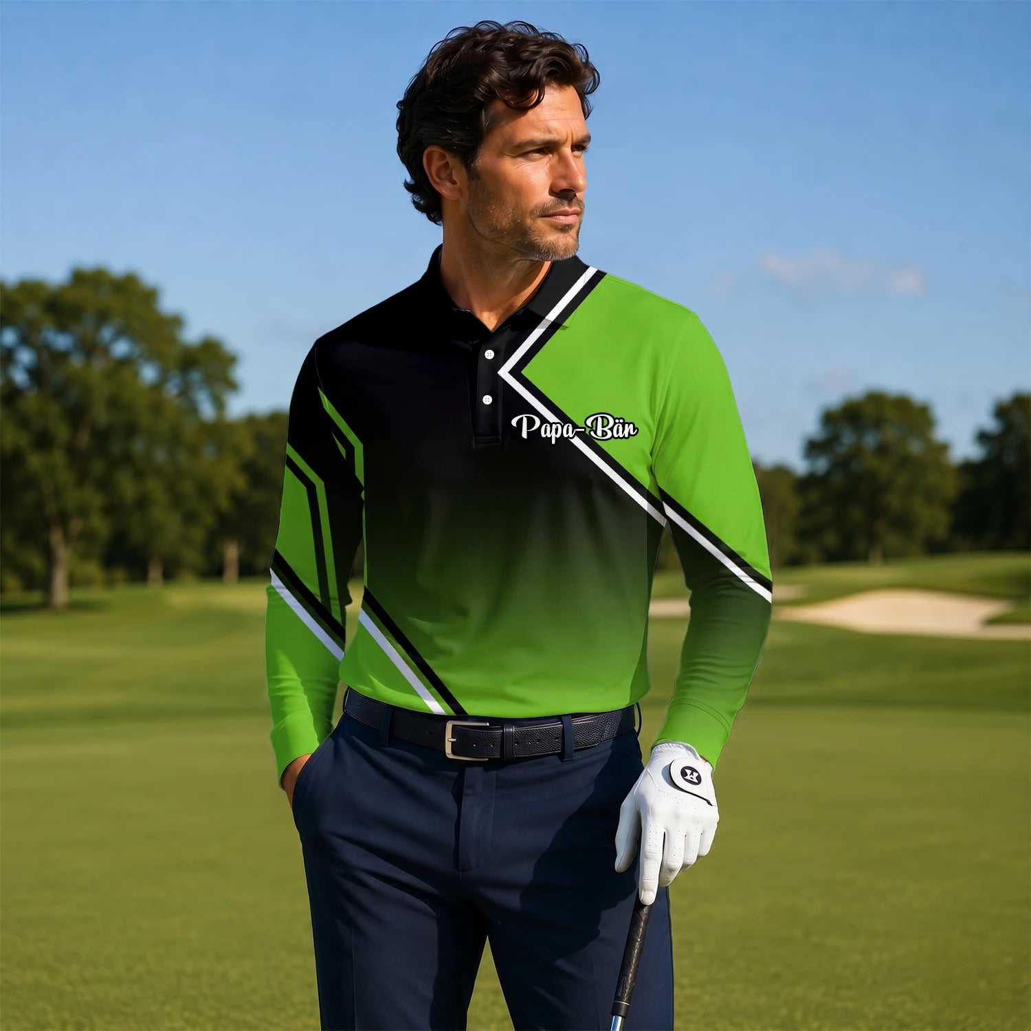 Personalised Black Green Geometric Stripe Golf Polo Shirt For Men V2638