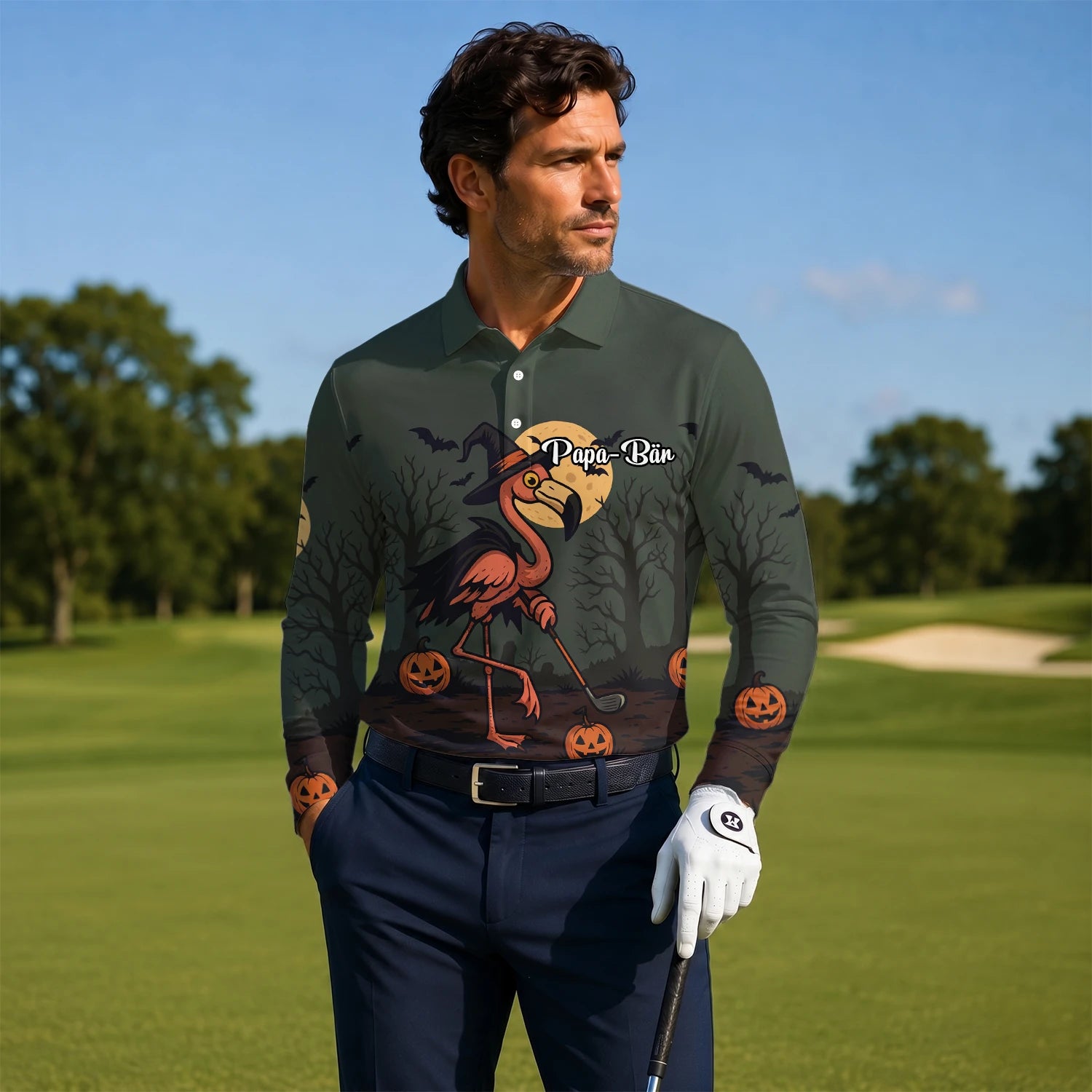 Personalised Olive Halloween Flamingo Witch Golfer Pumpkin Golf Polo Shirt For Men X5811