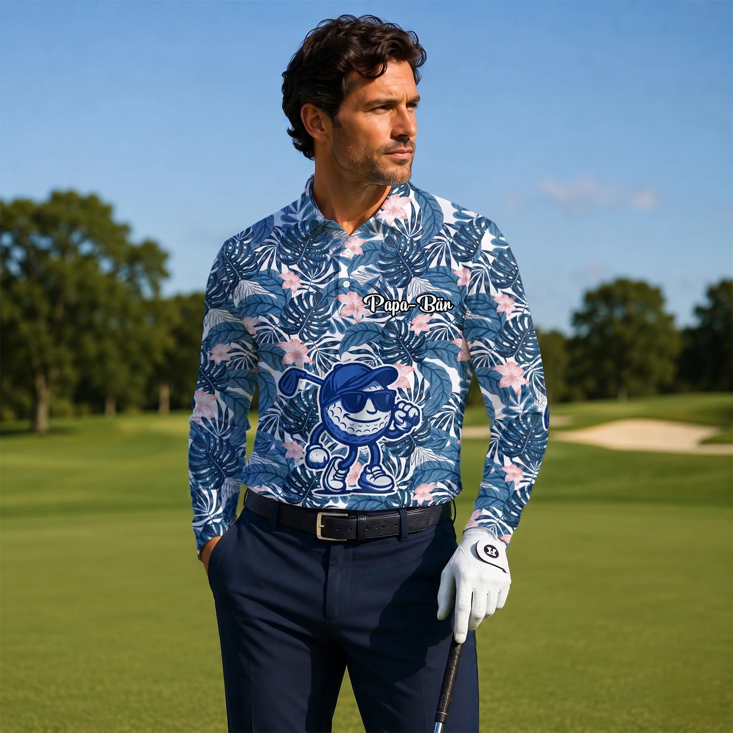 Personalised Navy Tropical Leaf Golf Ball Cartoon Golf Polo Shirt For Men I7191