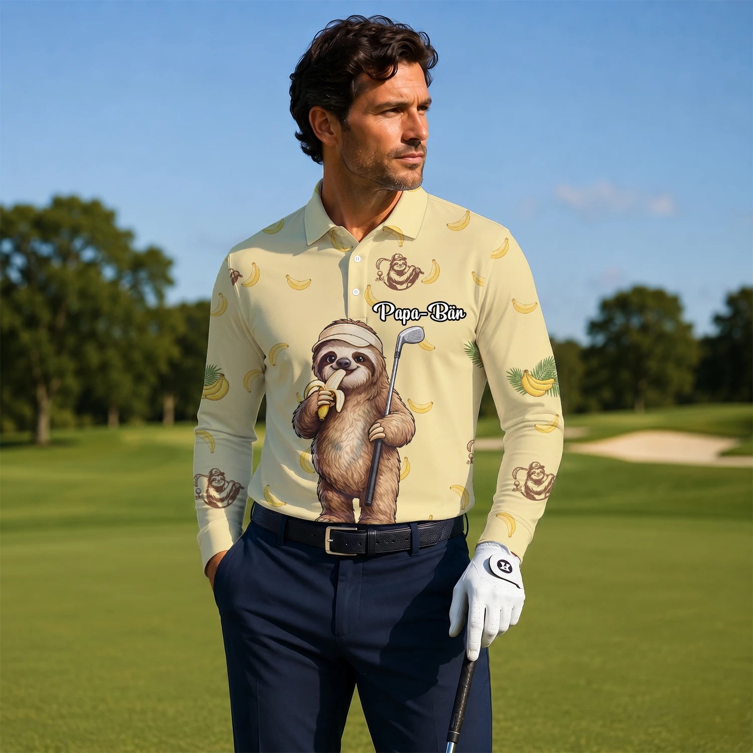 Personalised Pale Yellow Sloth Banana Golfer Cartoon Golf Polo Shirt For Men G3327