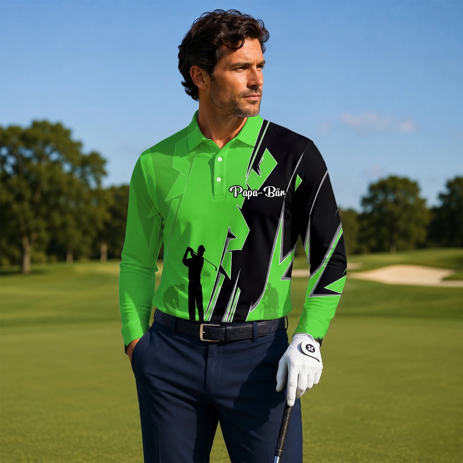 Personalised Lime Green Golfer Silhouette Lightning Golf Polo Shirt For Men V5316