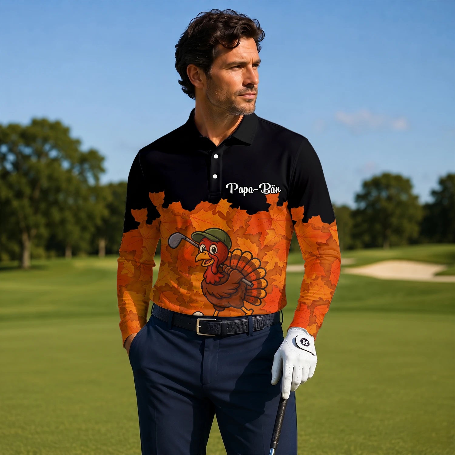 Personalised Black Orange Thanksgiving Turkey Golfer Golf Polo Shirt For Men W0964
