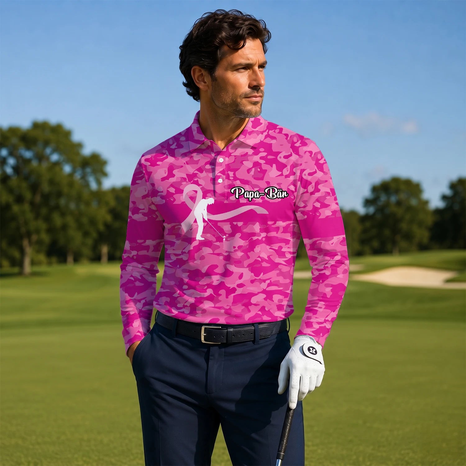Personalised Pink Camo Breast Cancer Awareness Ribbon Golfer Golf Polo Shirt For Men Z3179