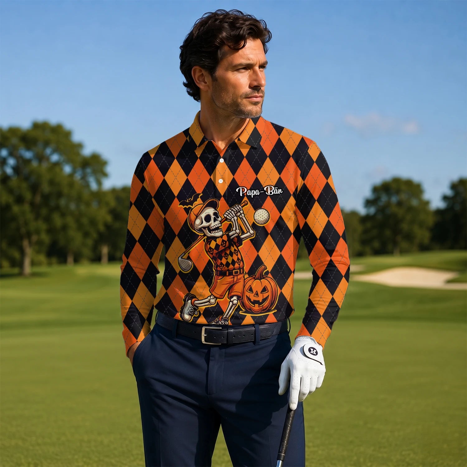 Personalised Orange Black Halloween Skeleton Golfer Argyle Golf Polo Shirt For Men I4585