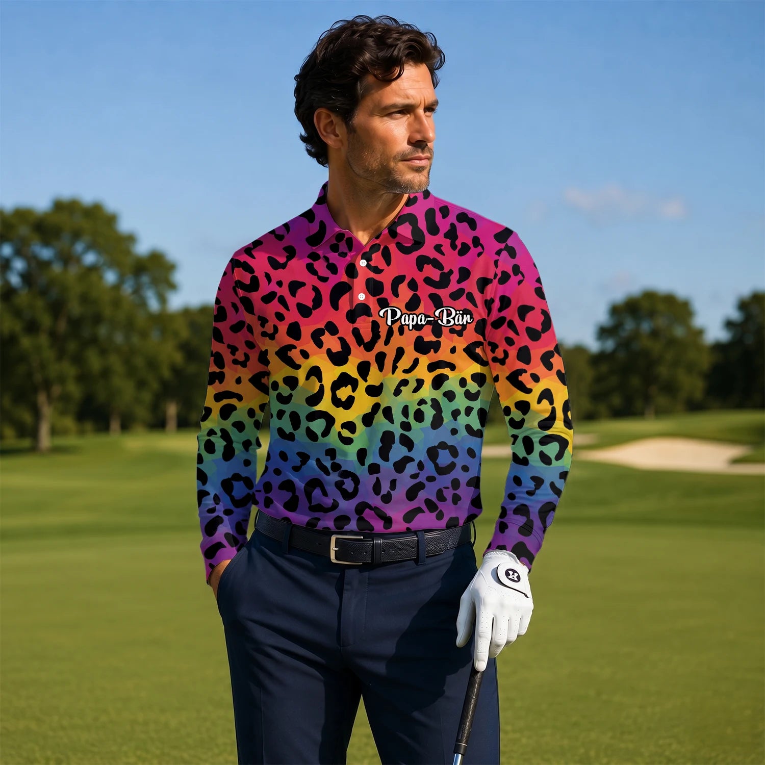 Personalised Rainbow Leopard Print Golf Polo Shirt For Men X1632