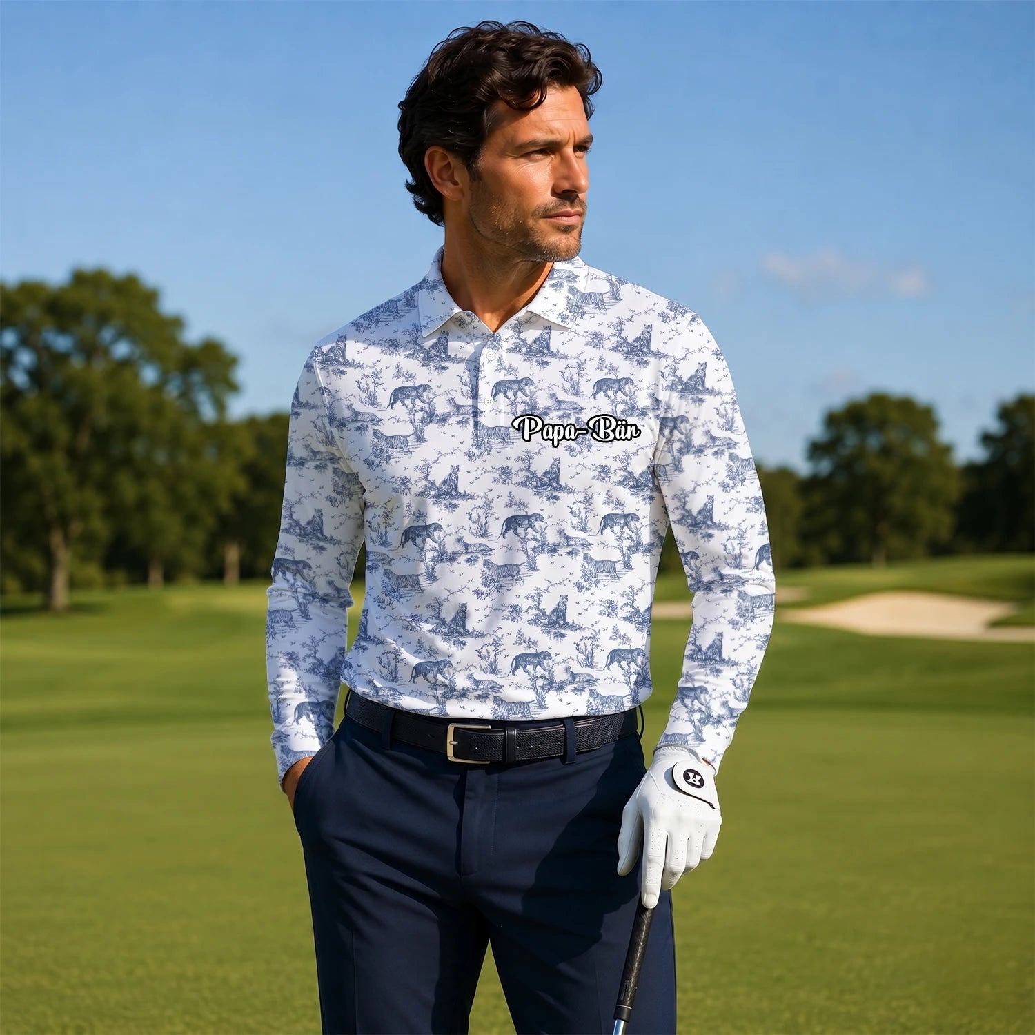 Personalised White Blue Dinosaur Toile Golf Polo Shirt For Men Q4771