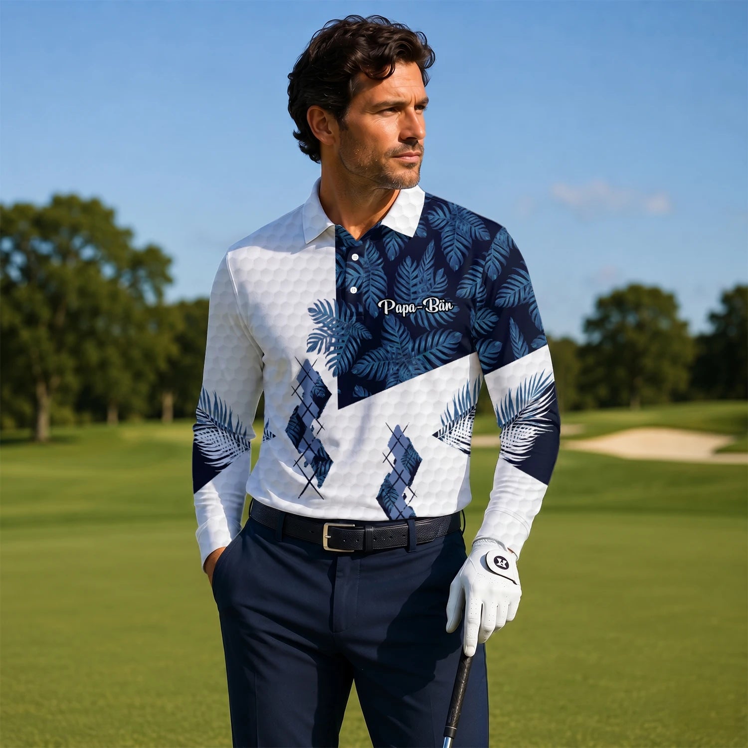 Personalised White Navy Tropical Leaf Argyle Golf Polo Shirt For Men D6549