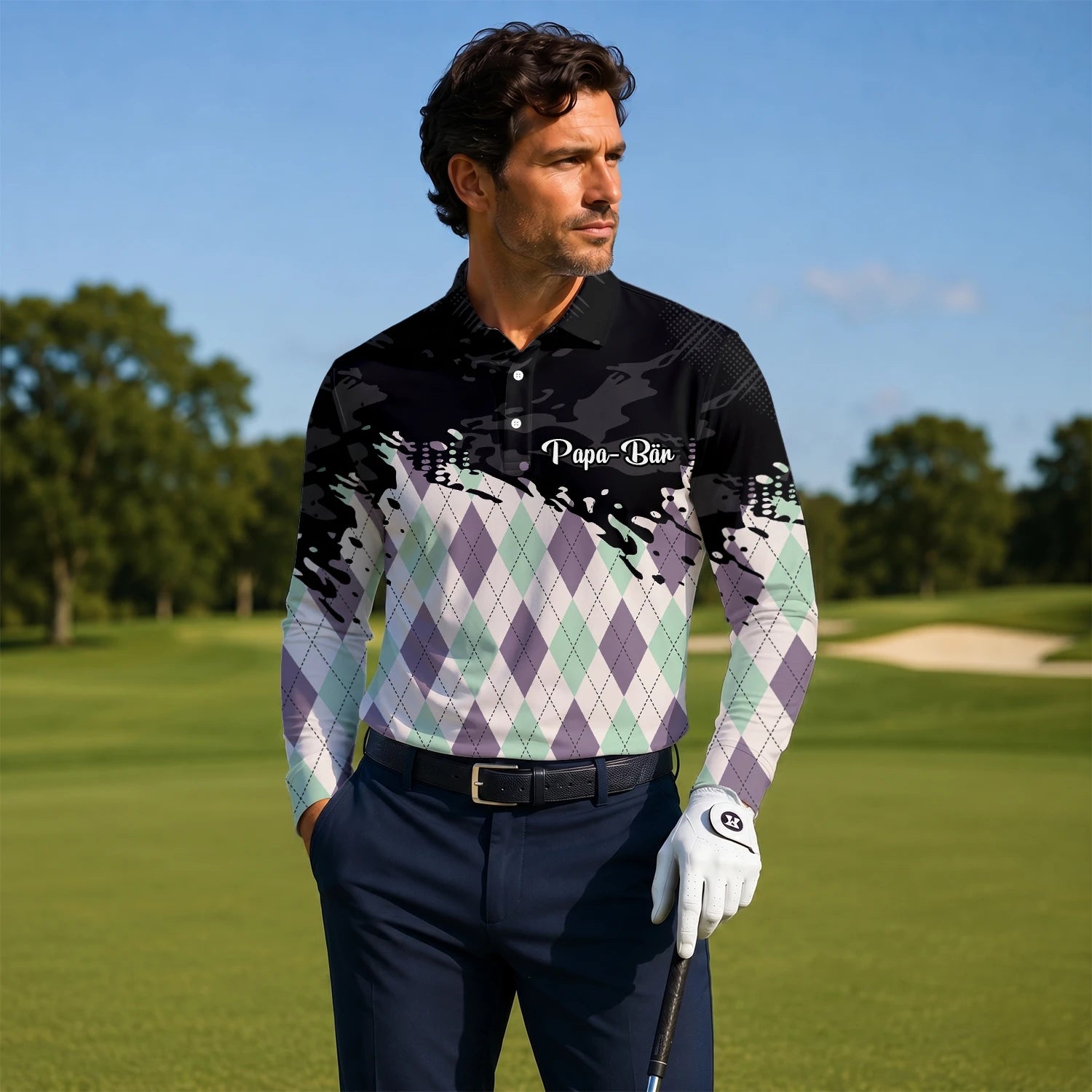 Personalised Black Mint Purple Argyle Paint Splash Golf Polo Shirt For Men C5124