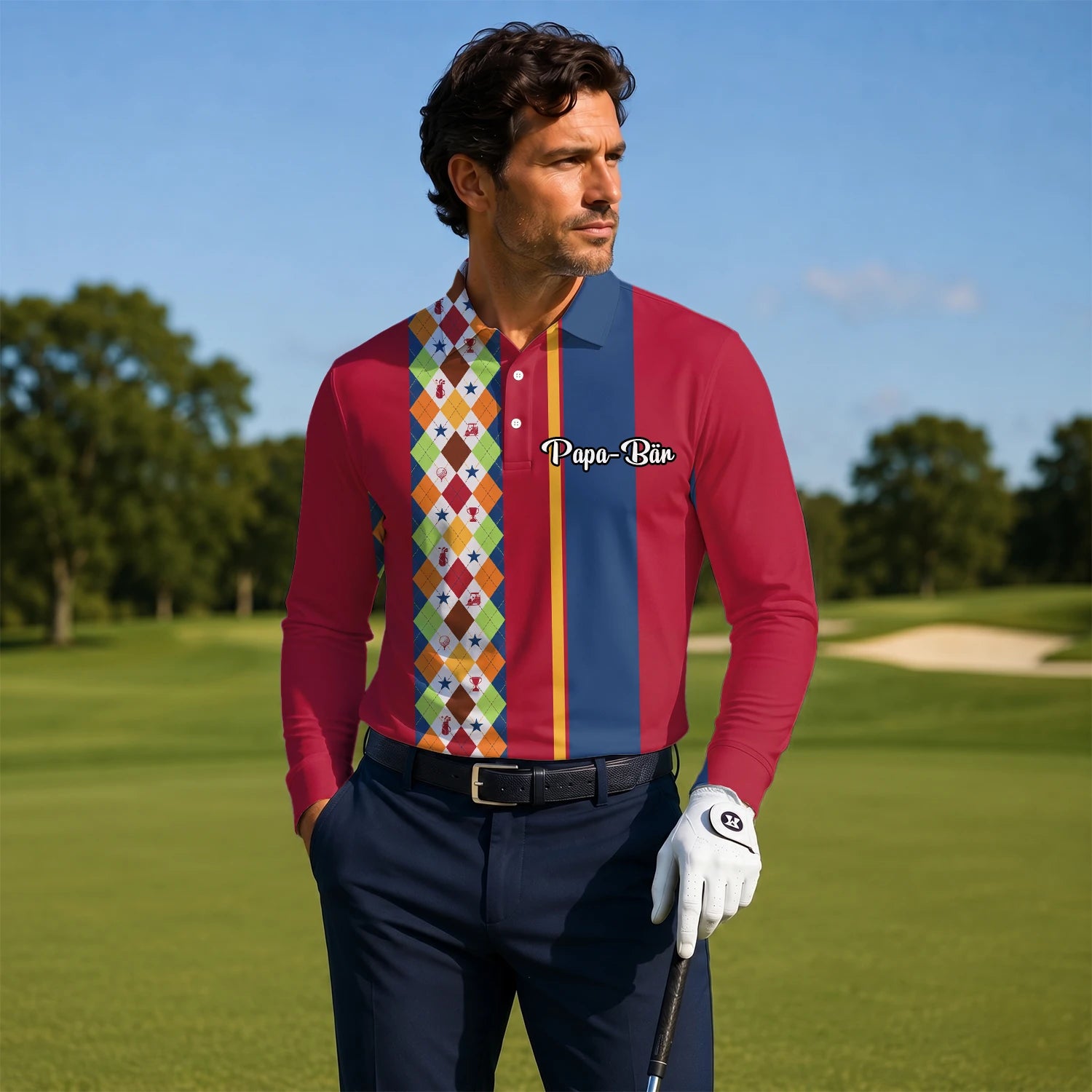 Personalised Red Blue Colourful Argyle Golf Polo Shirt For Men V1769