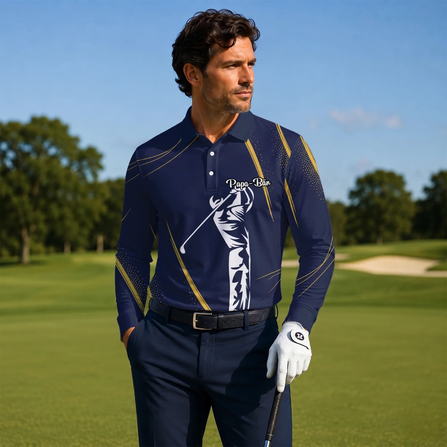 Personalised Navy Gold Golfer Swing Silhouette Golf Polo Shirt For Men A1639