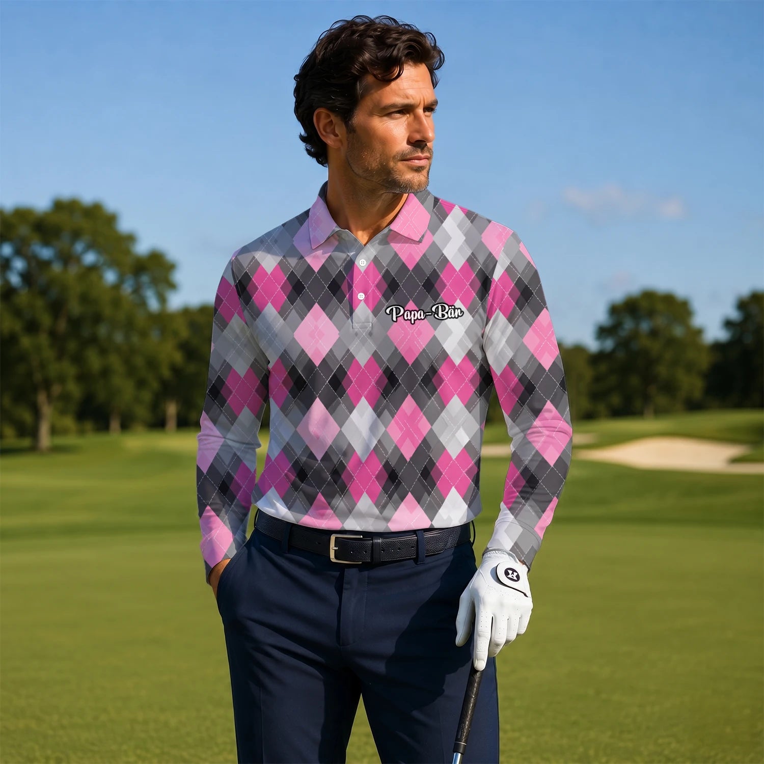 Personalised Pink Grey Argyle Golf Polo Shirt For Men Z9376