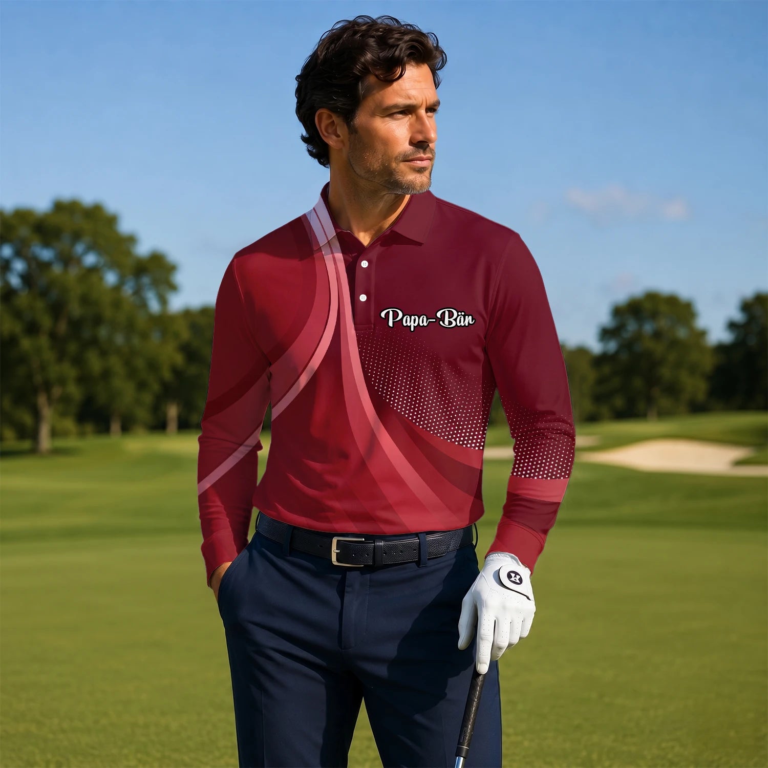 Personalised Burgundy Red Abstract Wave Golf Polo Shirt For Men B4612
