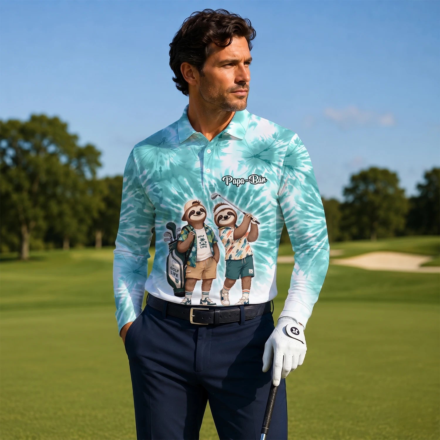 Personalised Turquoise Sloth Golfer Cartoon Golf Polo Shirt For Men C1614