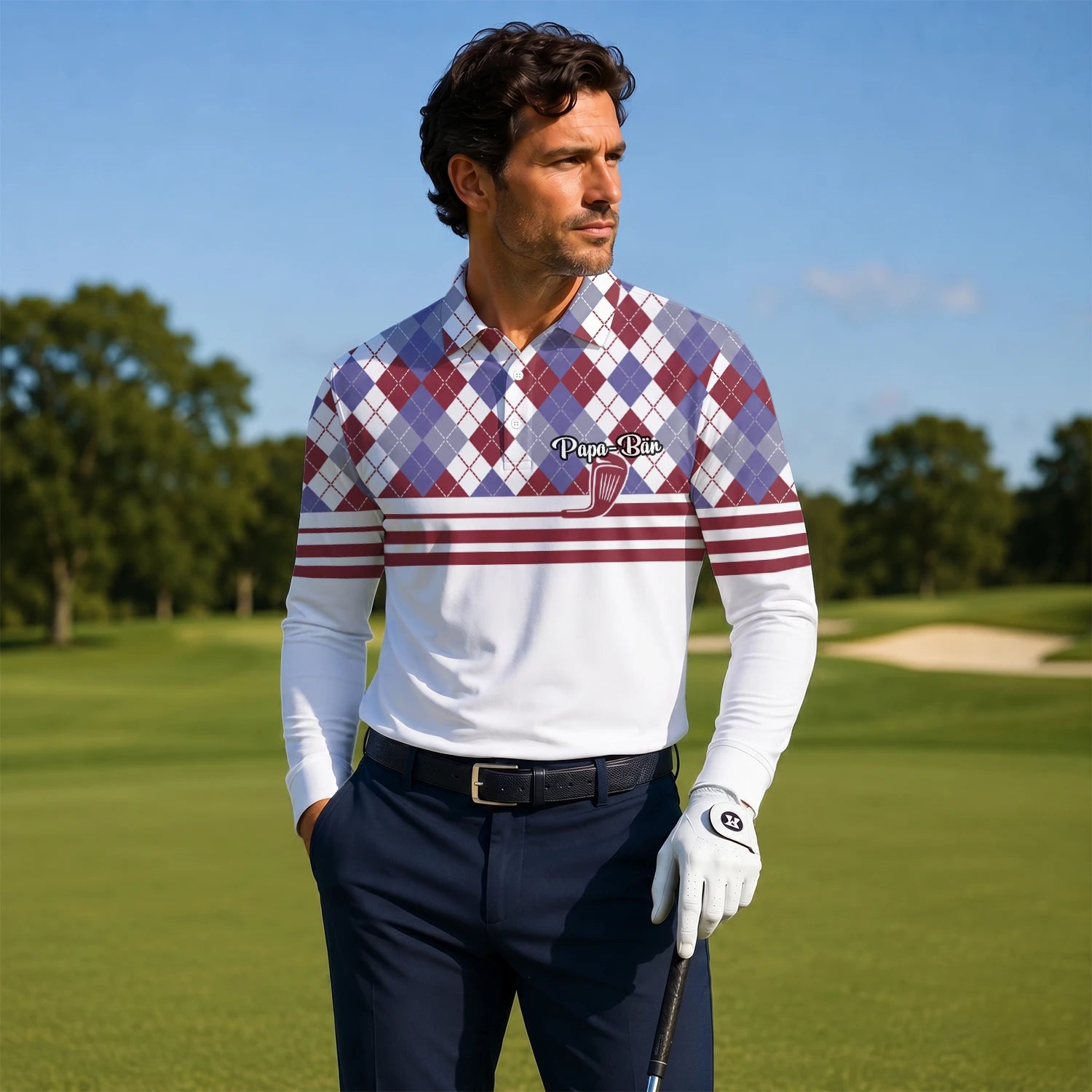 Personalised White Burgundy Argyle Golf Club Stripe Golf Polo Shirt For Men K9019