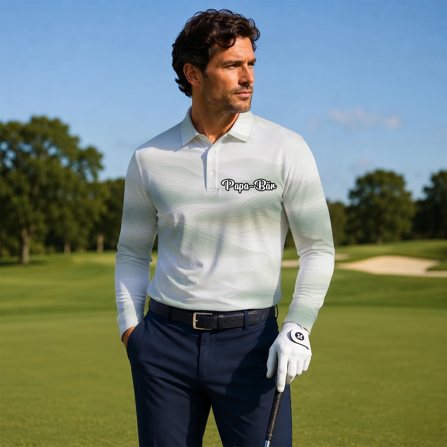 Personalised White Sage Green Abstract Wave Golf Polo Shirt For Men F8070